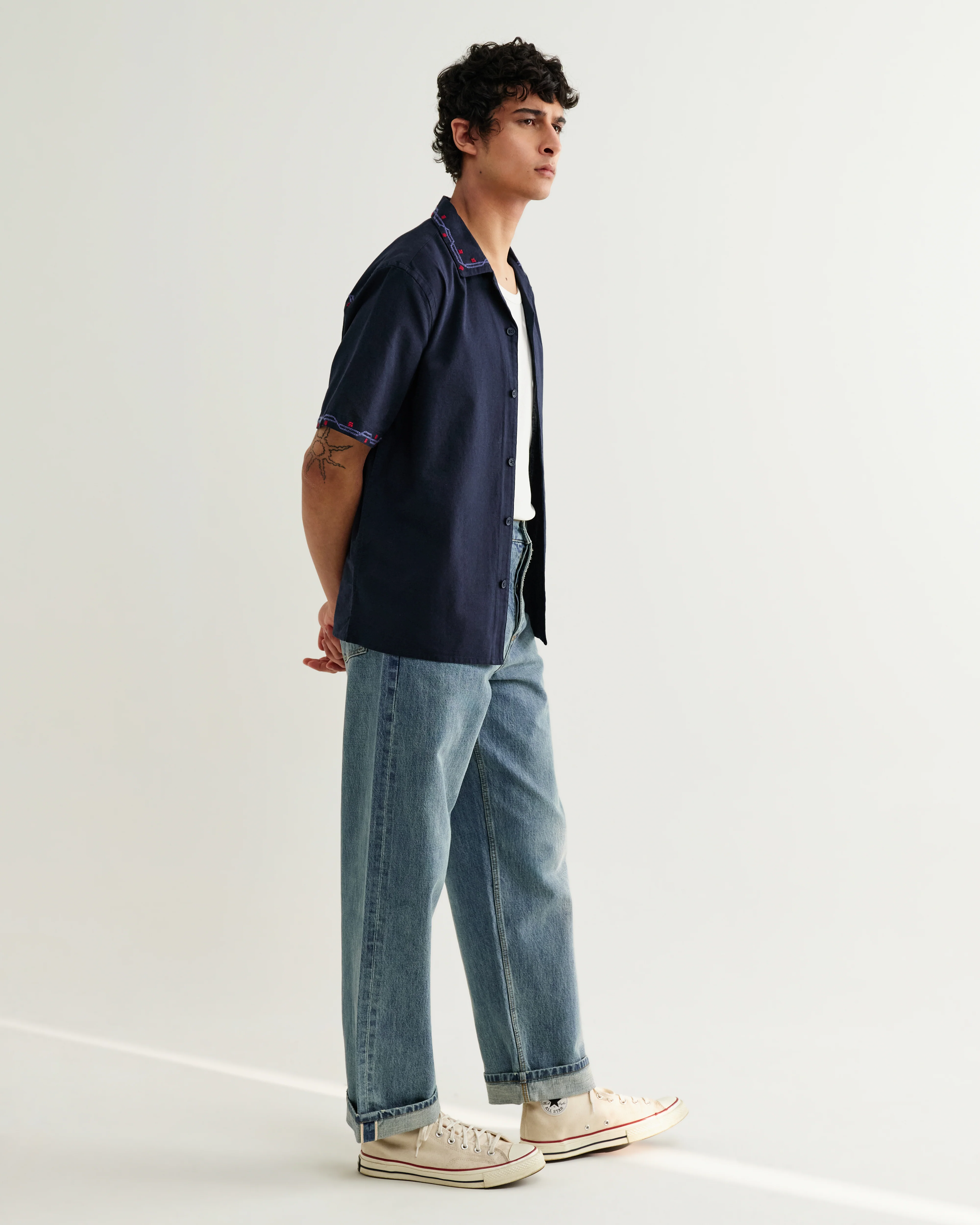 Didcot - Navy Cross-Stitch Border Short-Sleeve Shirt - Image 6