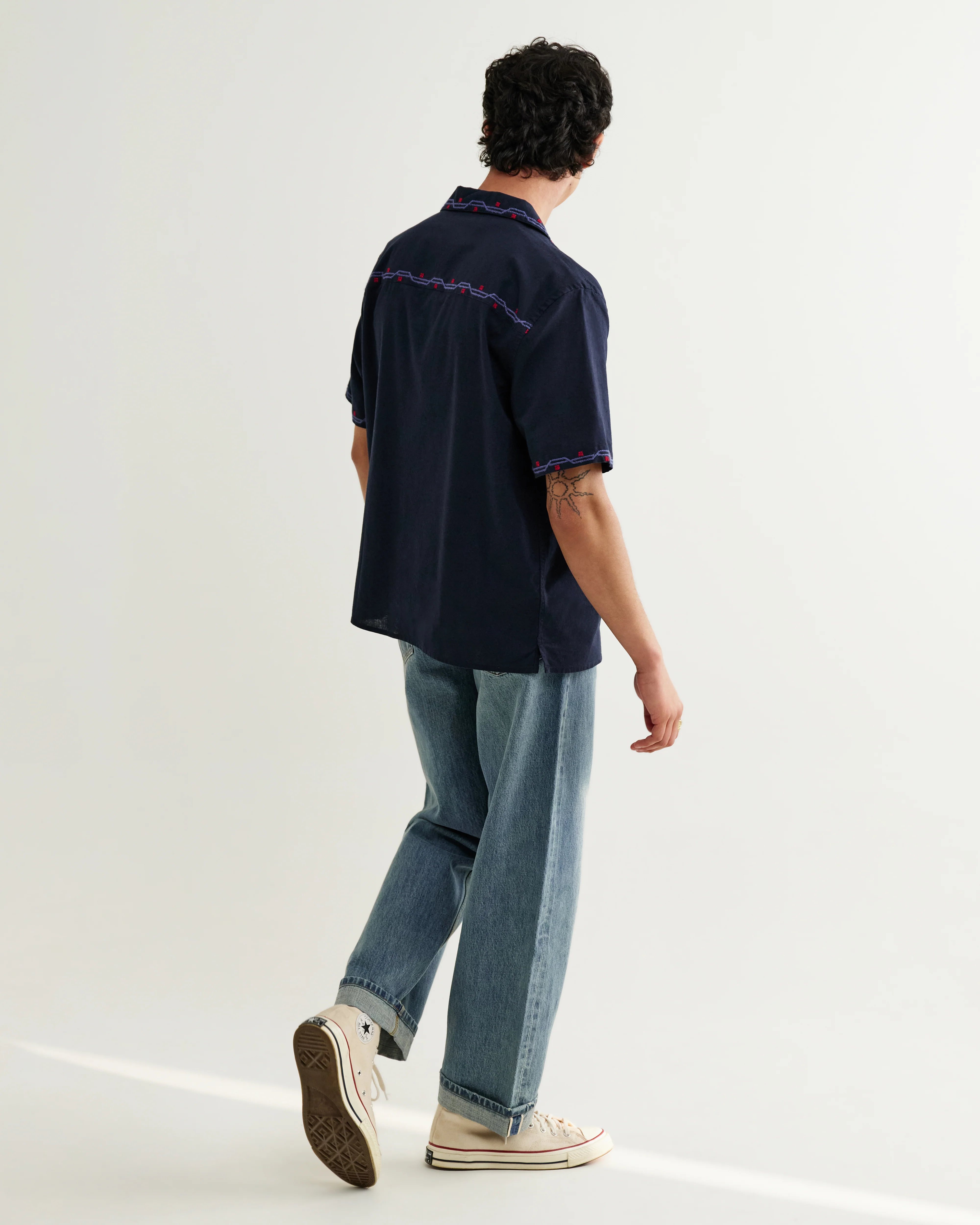 Didcot - Navy Cross-Stitch Border Short-Sleeve Shirt - Image 7