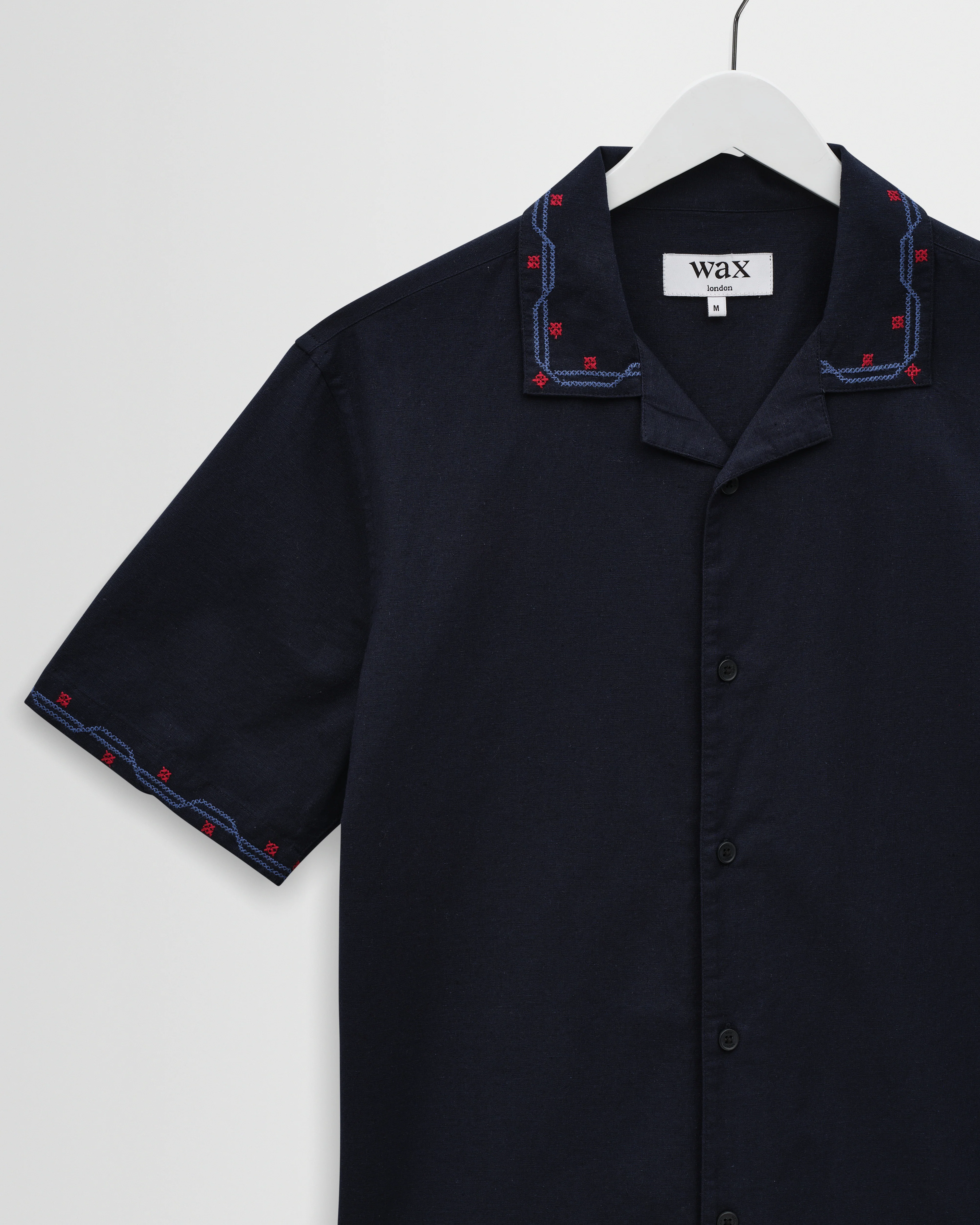 Didcot - Navy Cross-Stitch Border Short-Sleeve Shirt - Image 8