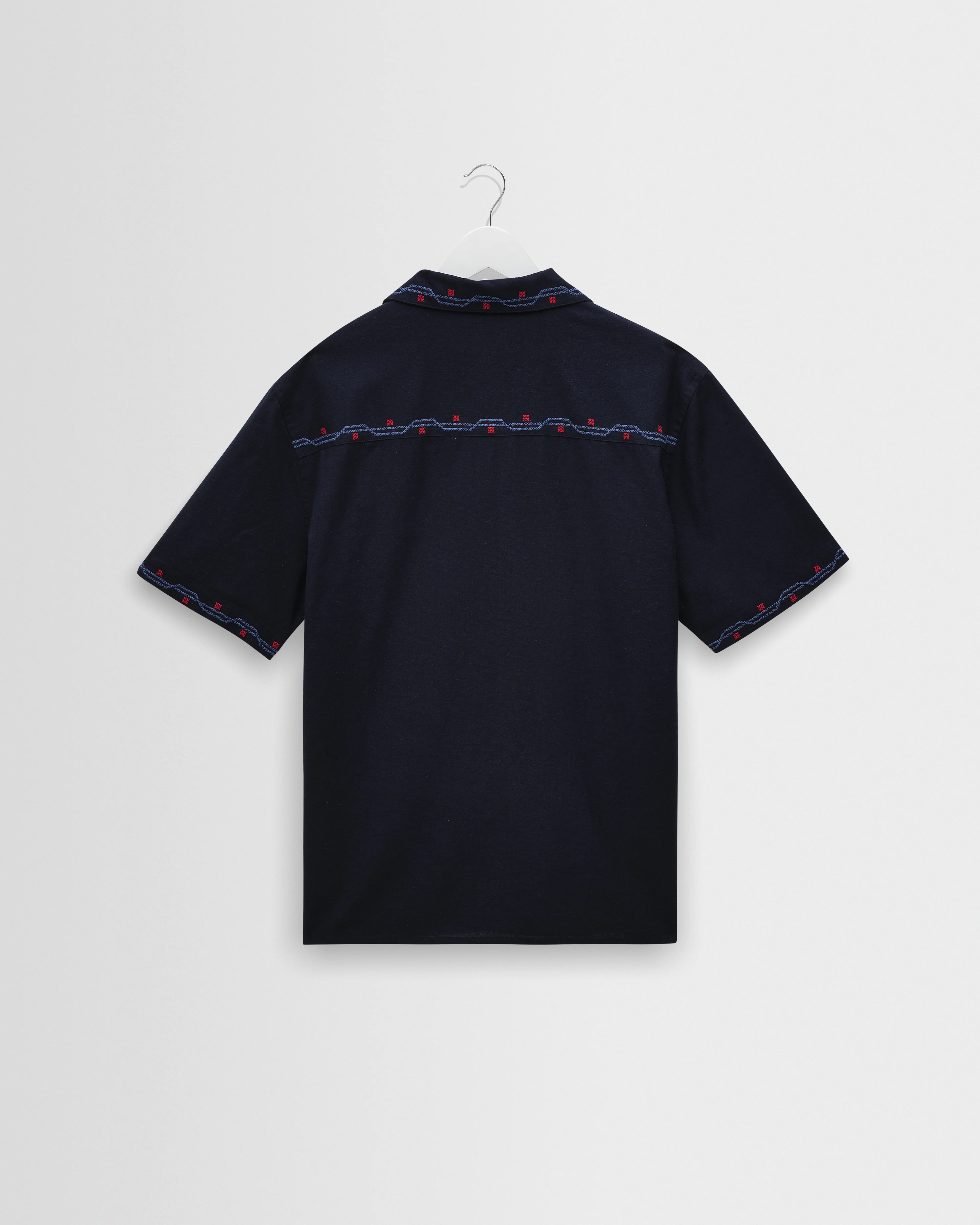 Didcot - Navy Cross-Stitch Border Short-Sleeve Shirt - Image 9
