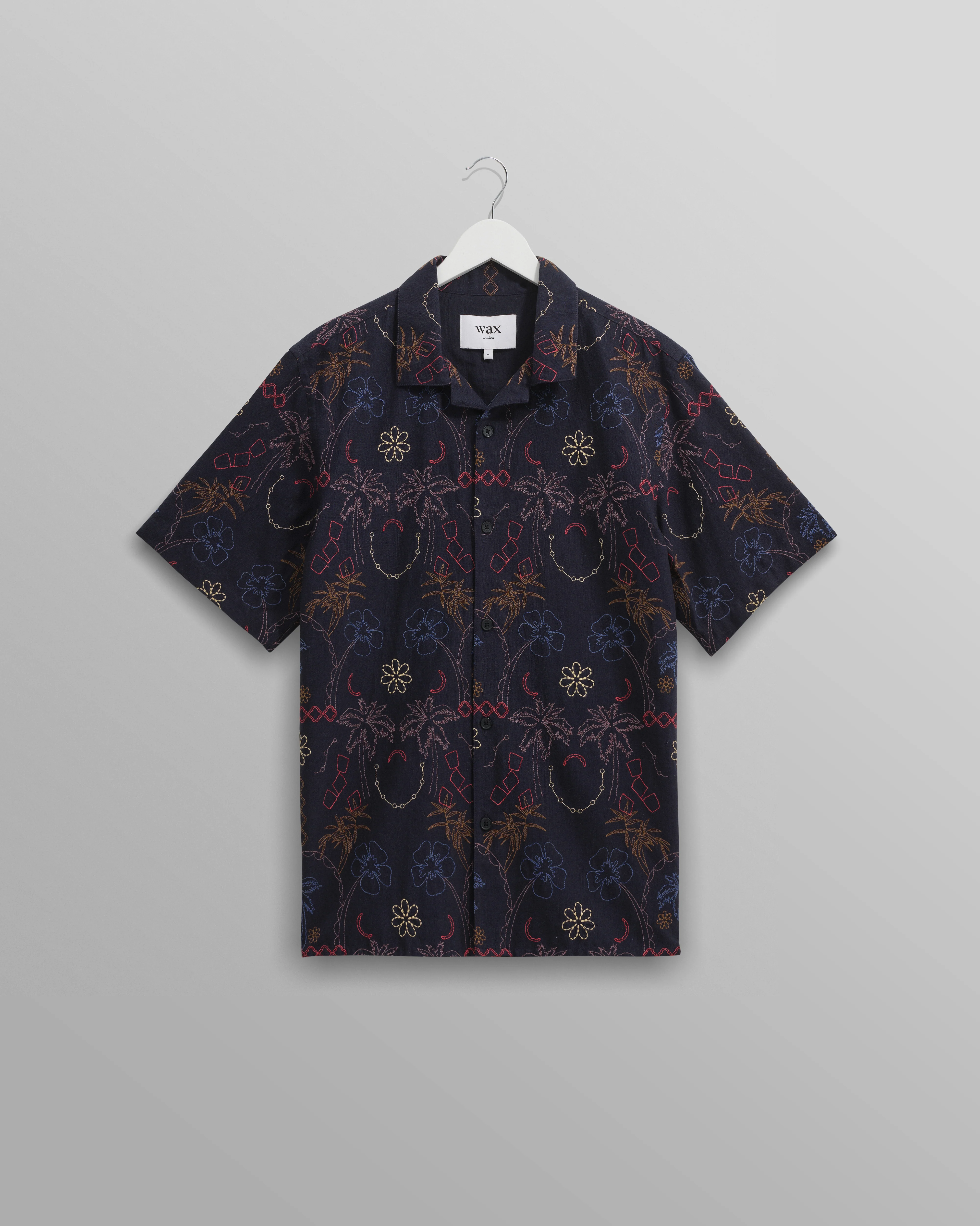 Didcot - Navy Hawaiian Embroidered Short-Sleeve Shirt