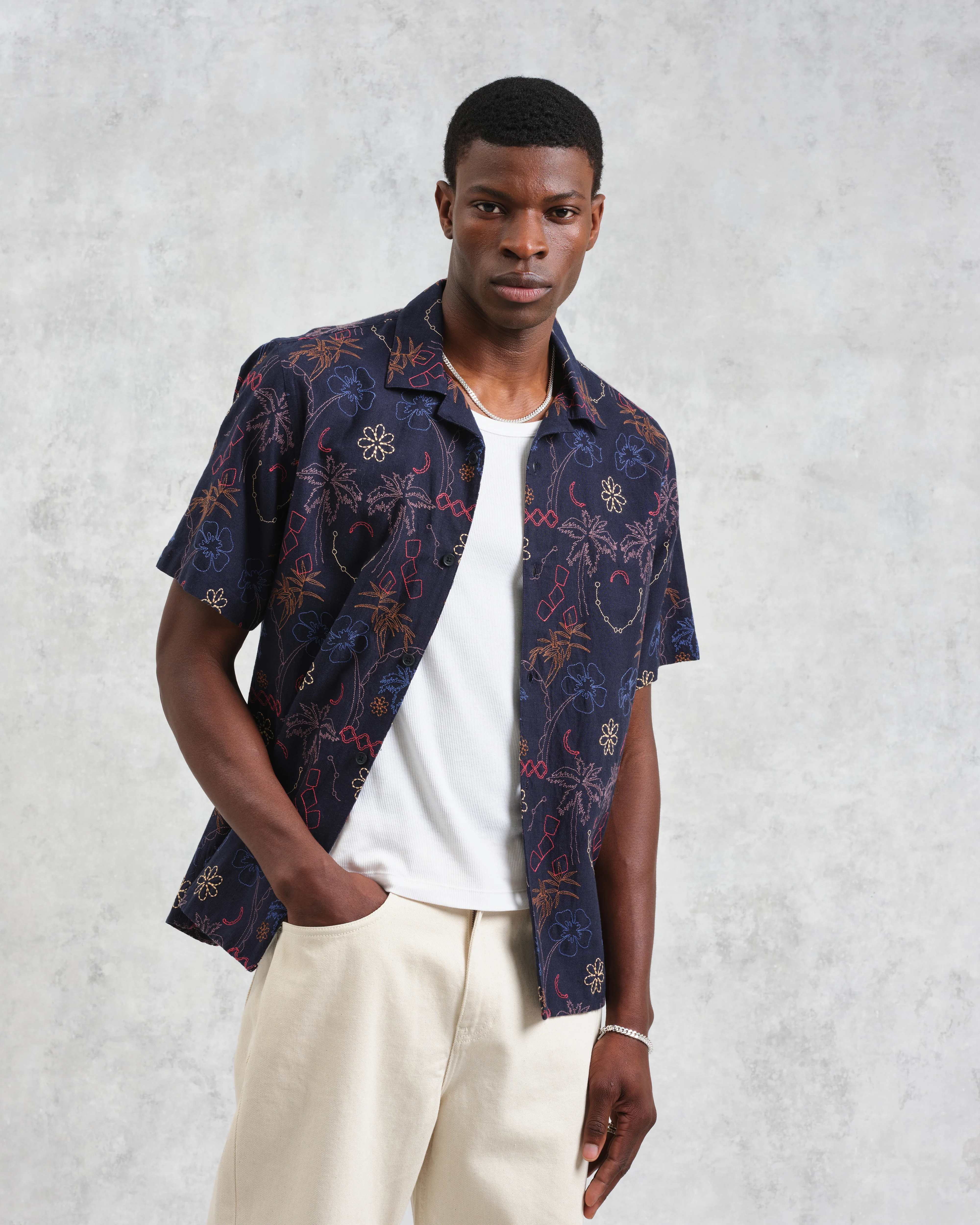 Didcot - Navy Hawaiian Embroidered Short-Sleeve Shirt - Image 2