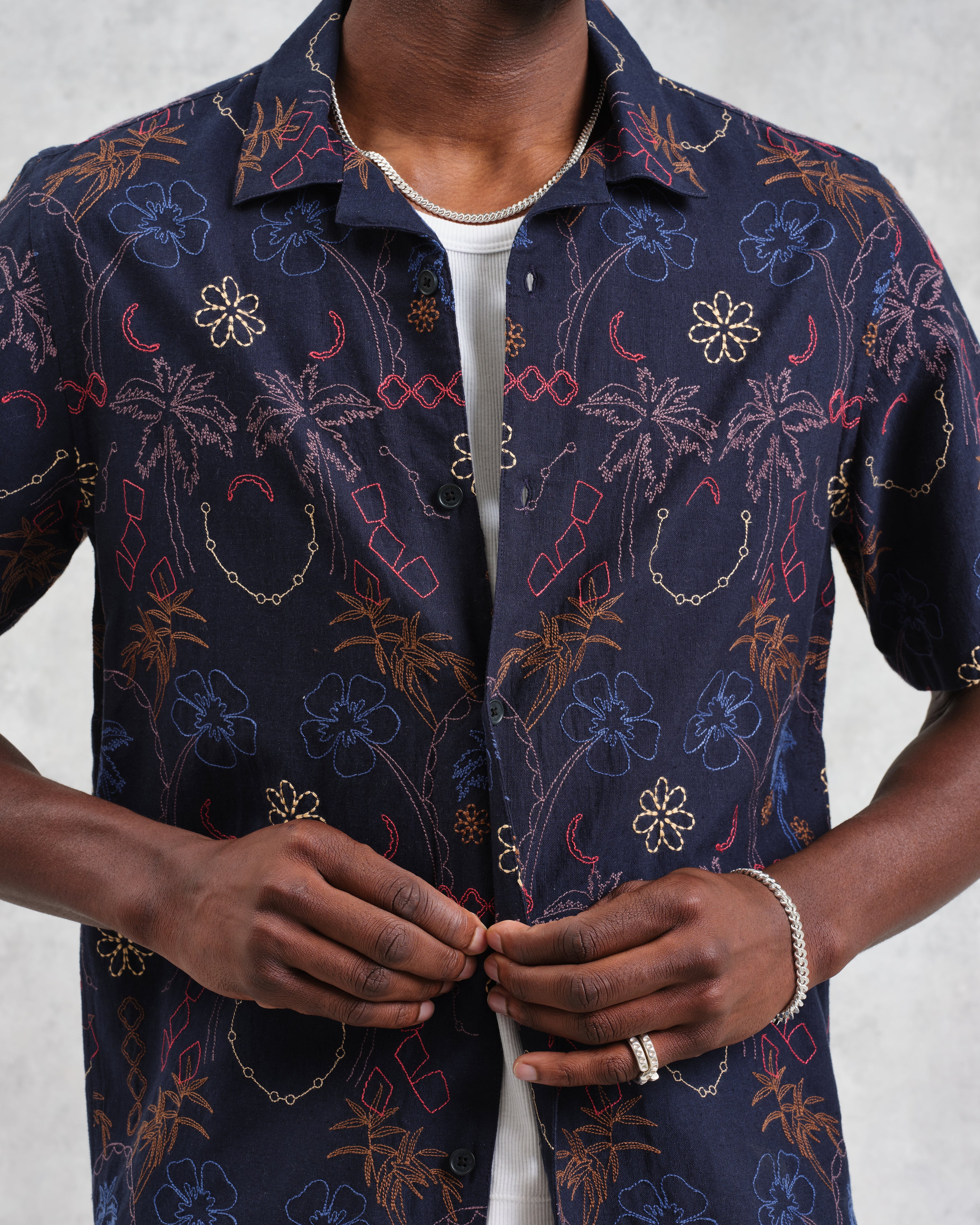 Didcot - Navy Hawaiian Embroidered Short-Sleeve Shirt - Image 3