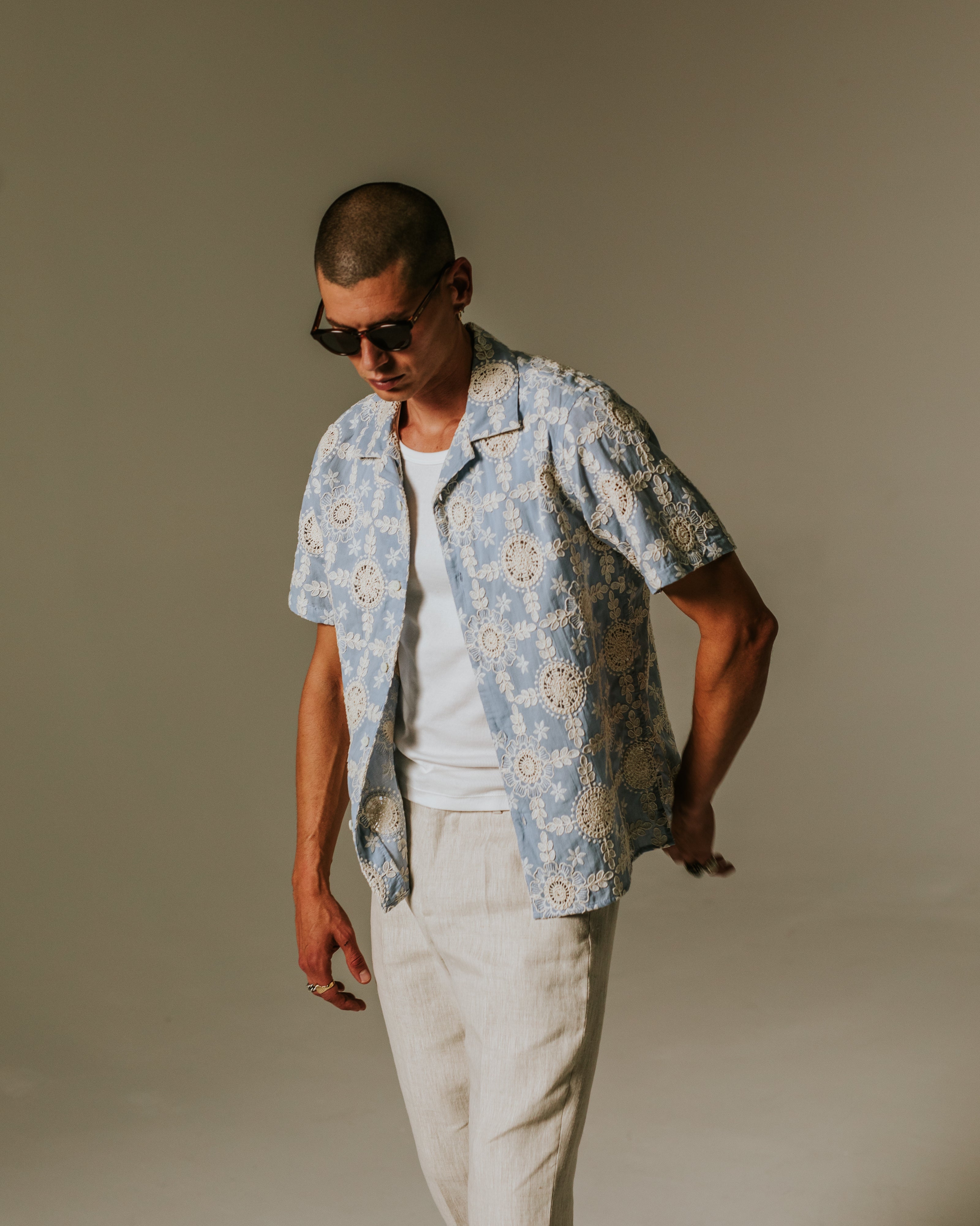 Didcot - Pale Blue Intricate Lace Short-Sleeve Shirt - Image 2
