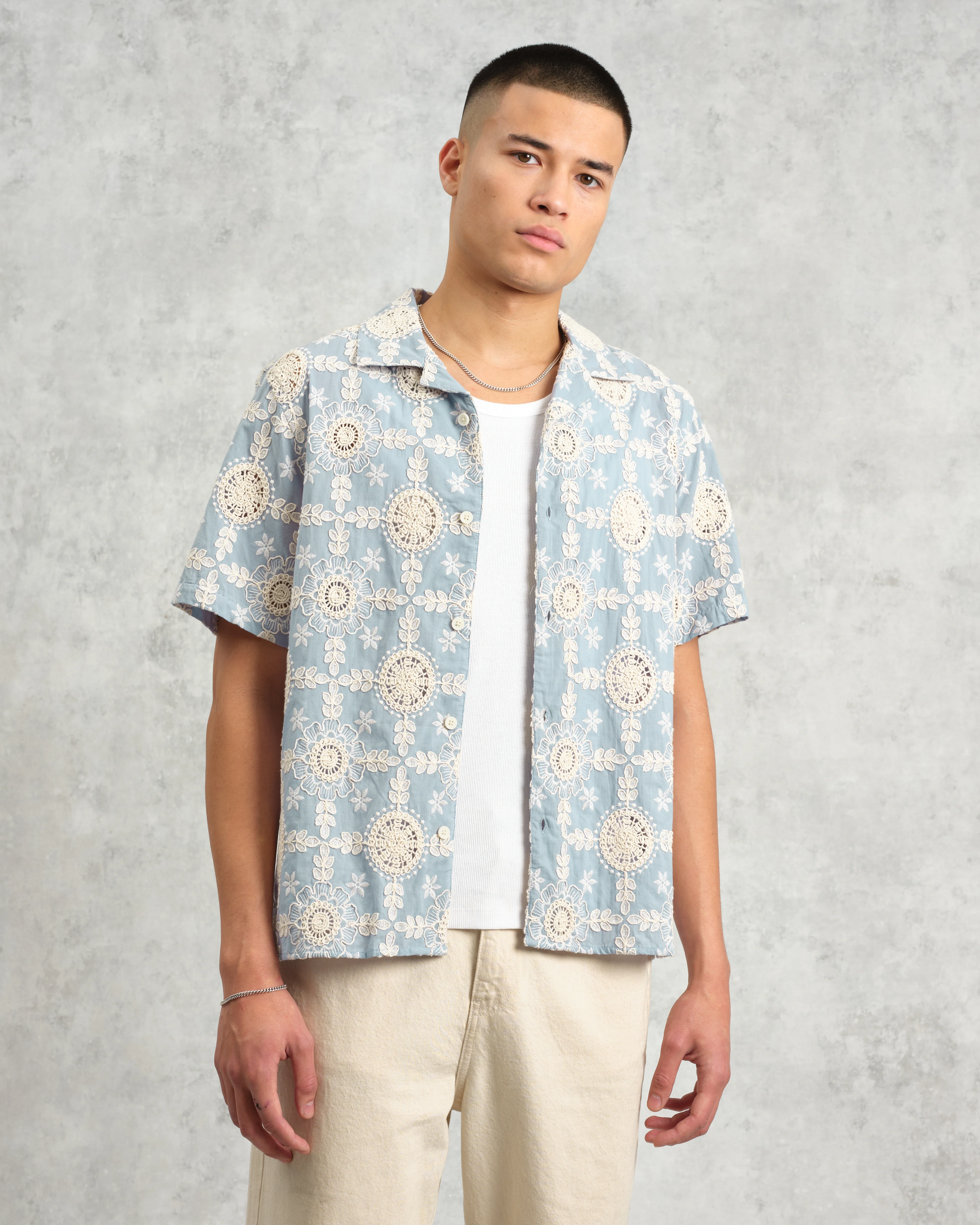 Didcot - Pale Blue Intricate Lace Short-Sleeve Shirt - Image 3