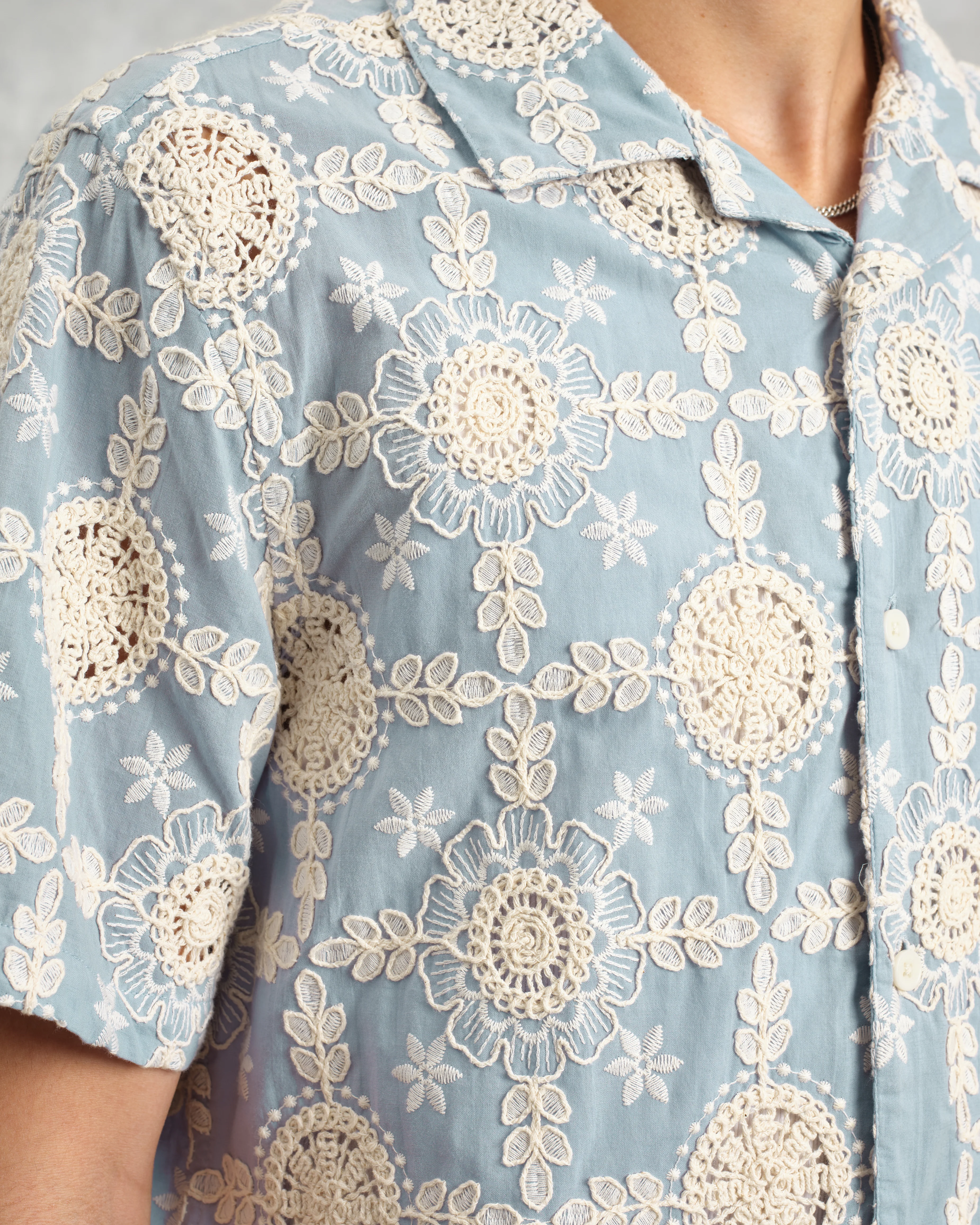 Didcot - Pale Blue Intricate Lace Short-Sleeve Shirt - Image 5