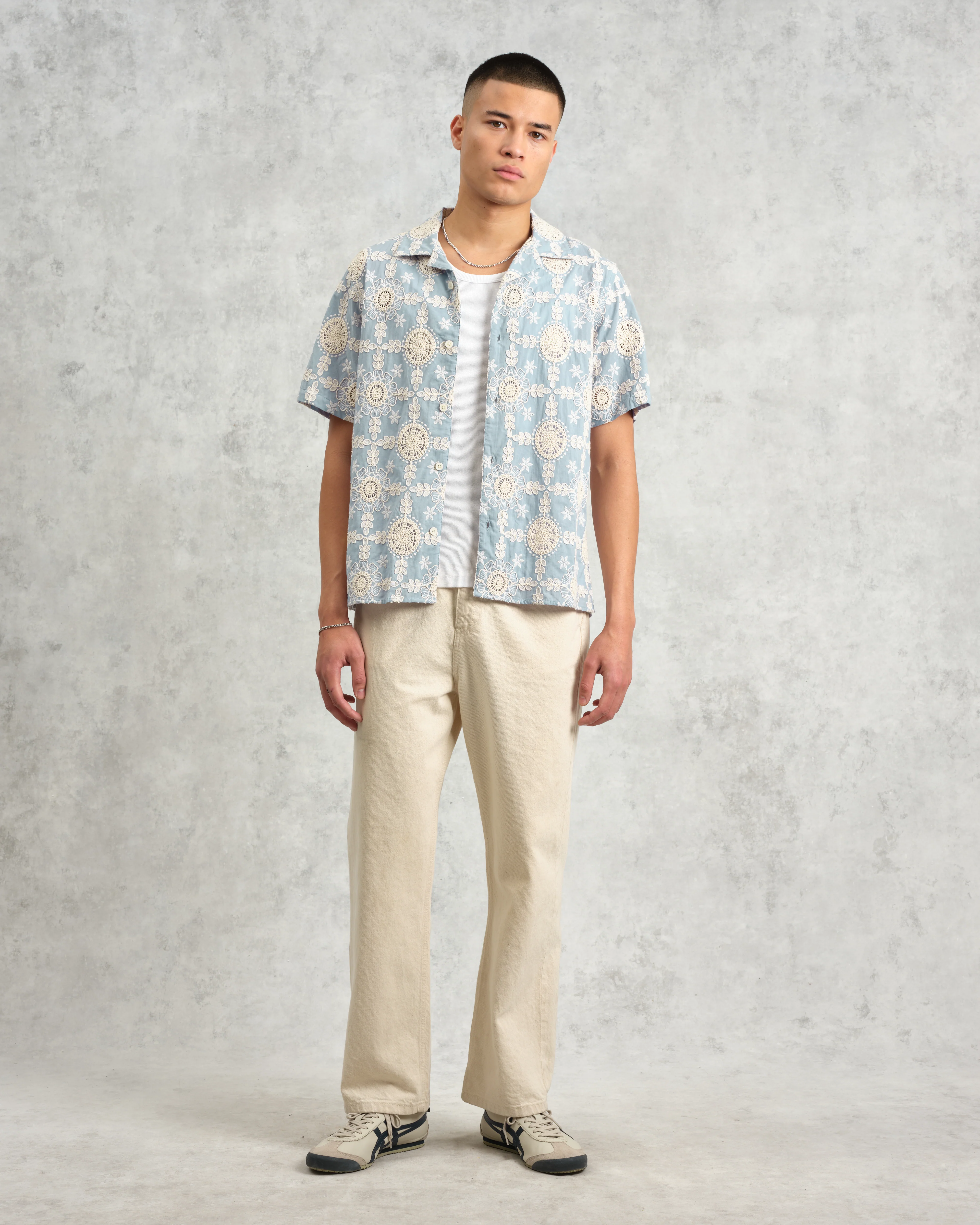 Didcot - Pale Blue Intricate Lace Short-Sleeve Shirt - Image 6