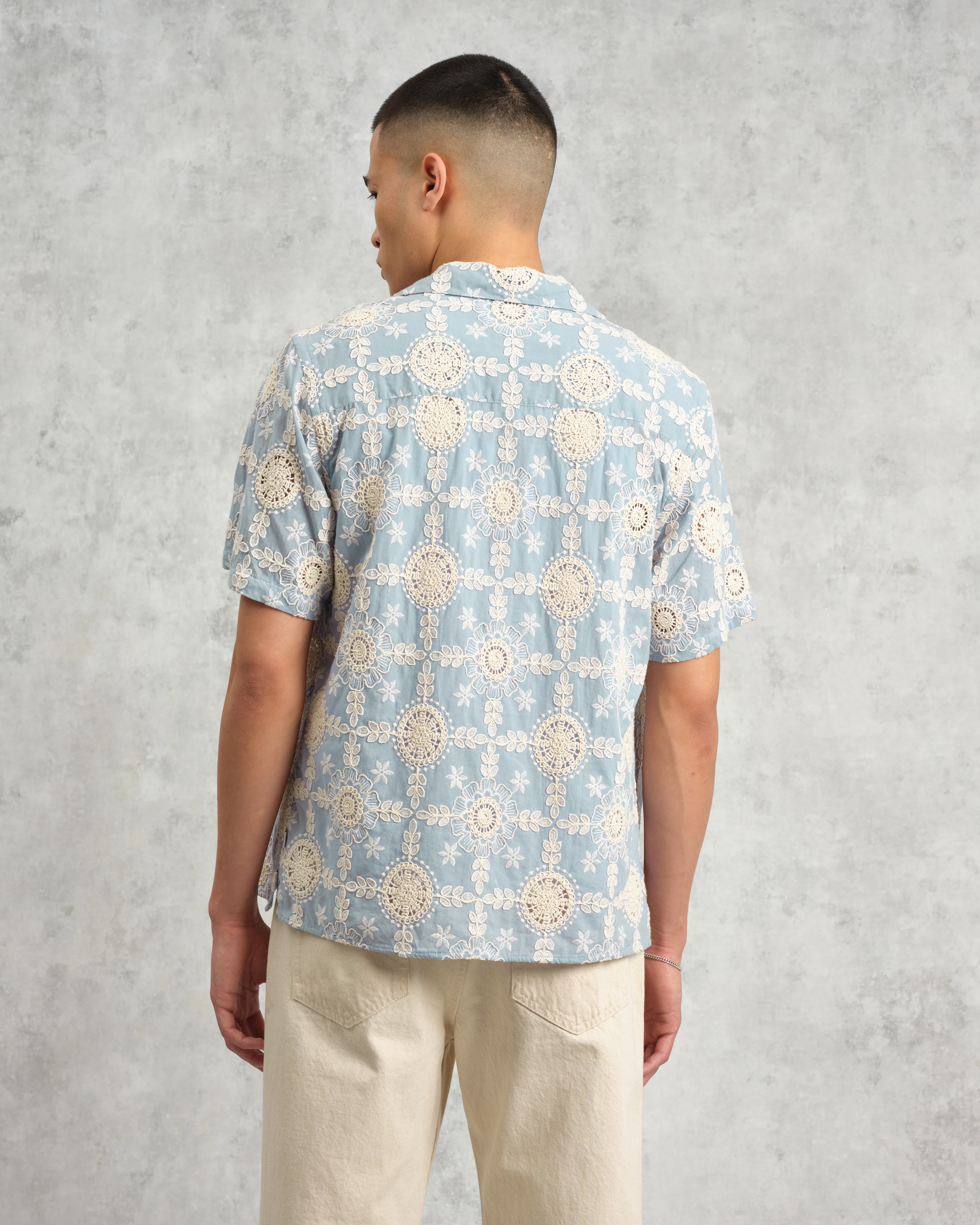 Didcot - Pale Blue Intricate Lace Short-Sleeve Shirt - Image 9