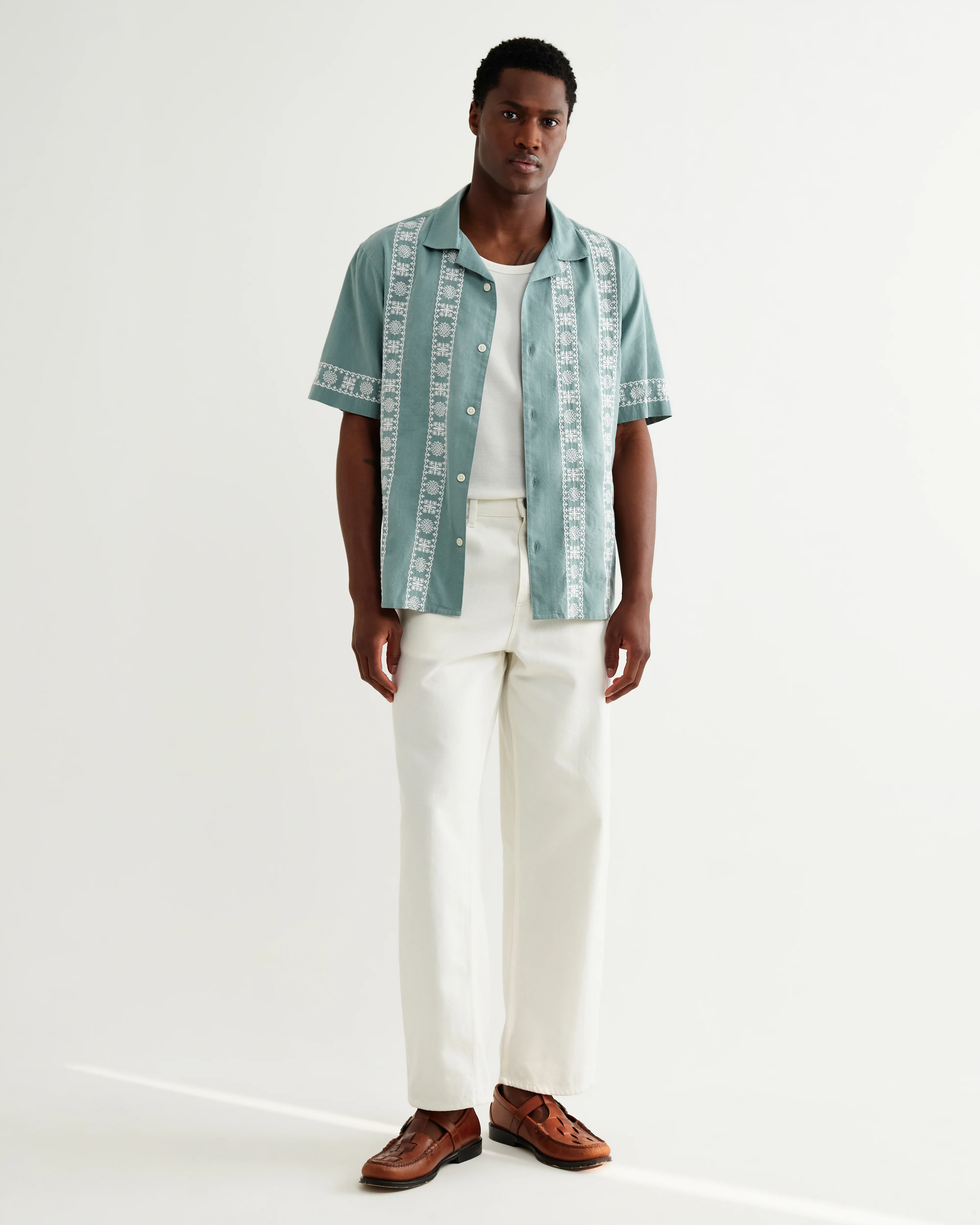 Didcot - Sea Green And Ecru Embroidered Short-Sleeve Shirt - Image 4