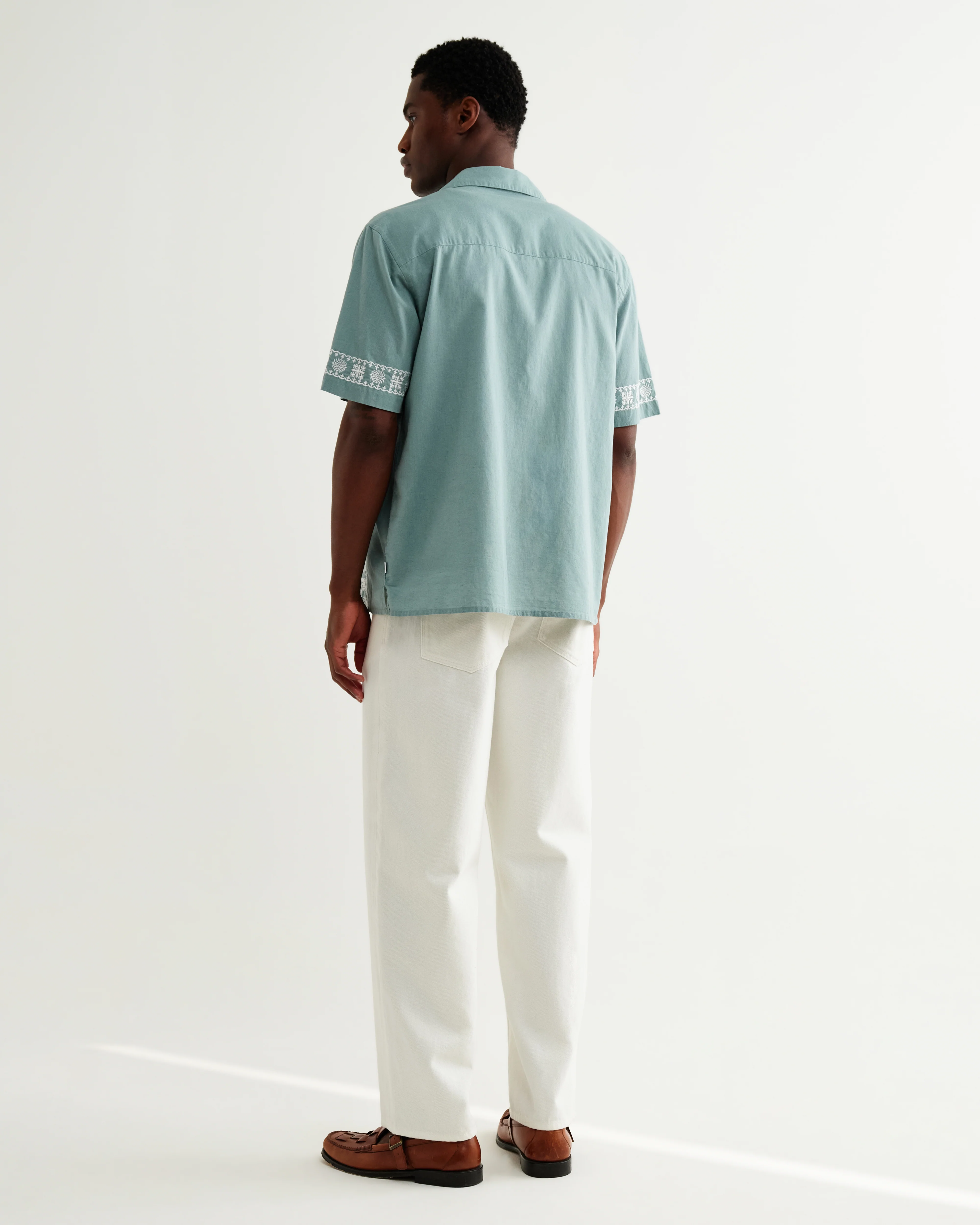 Didcot - Sea Green And Ecru Embroidered Short-Sleeve Shirt - Image 6