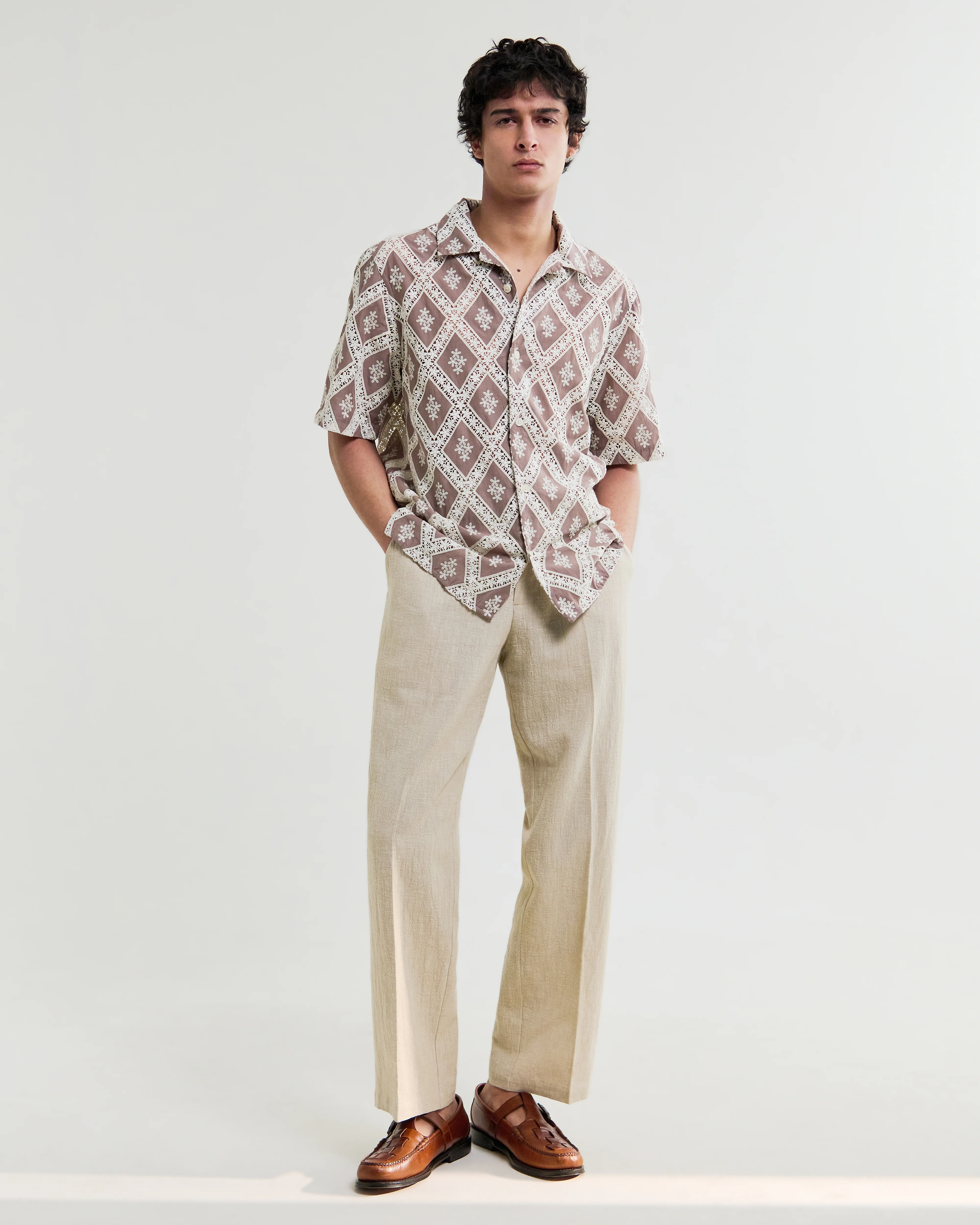 Didcot - Taupe And Ecru Diamond Lace Short-Sleeve Shirt - Image 2