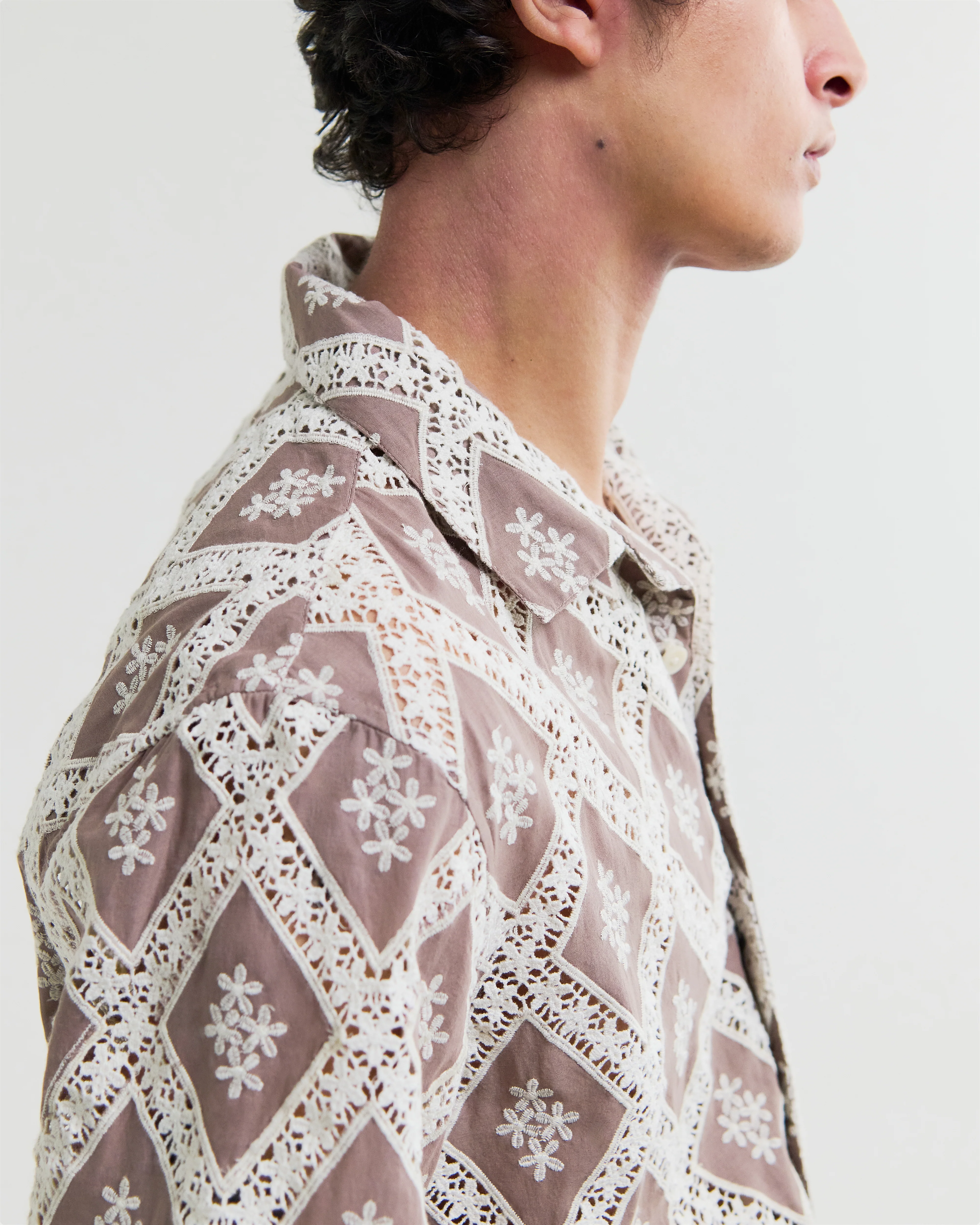 Didcot - Taupe And Ecru Diamond Lace Short-Sleeve Shirt - Image 4