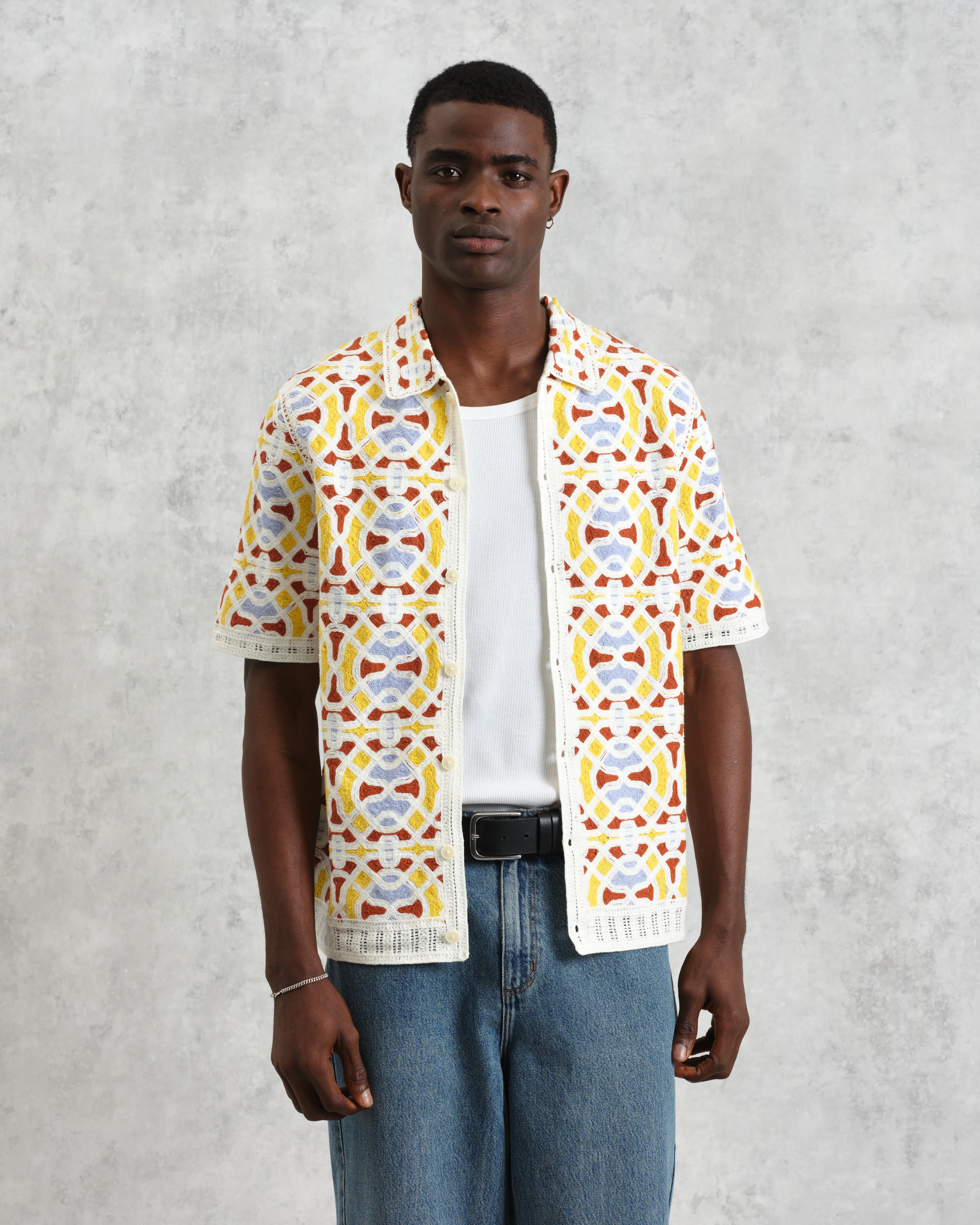 Dorset - Ecru And Multicolour Crochet Knitted Polo Shirt - Image 2