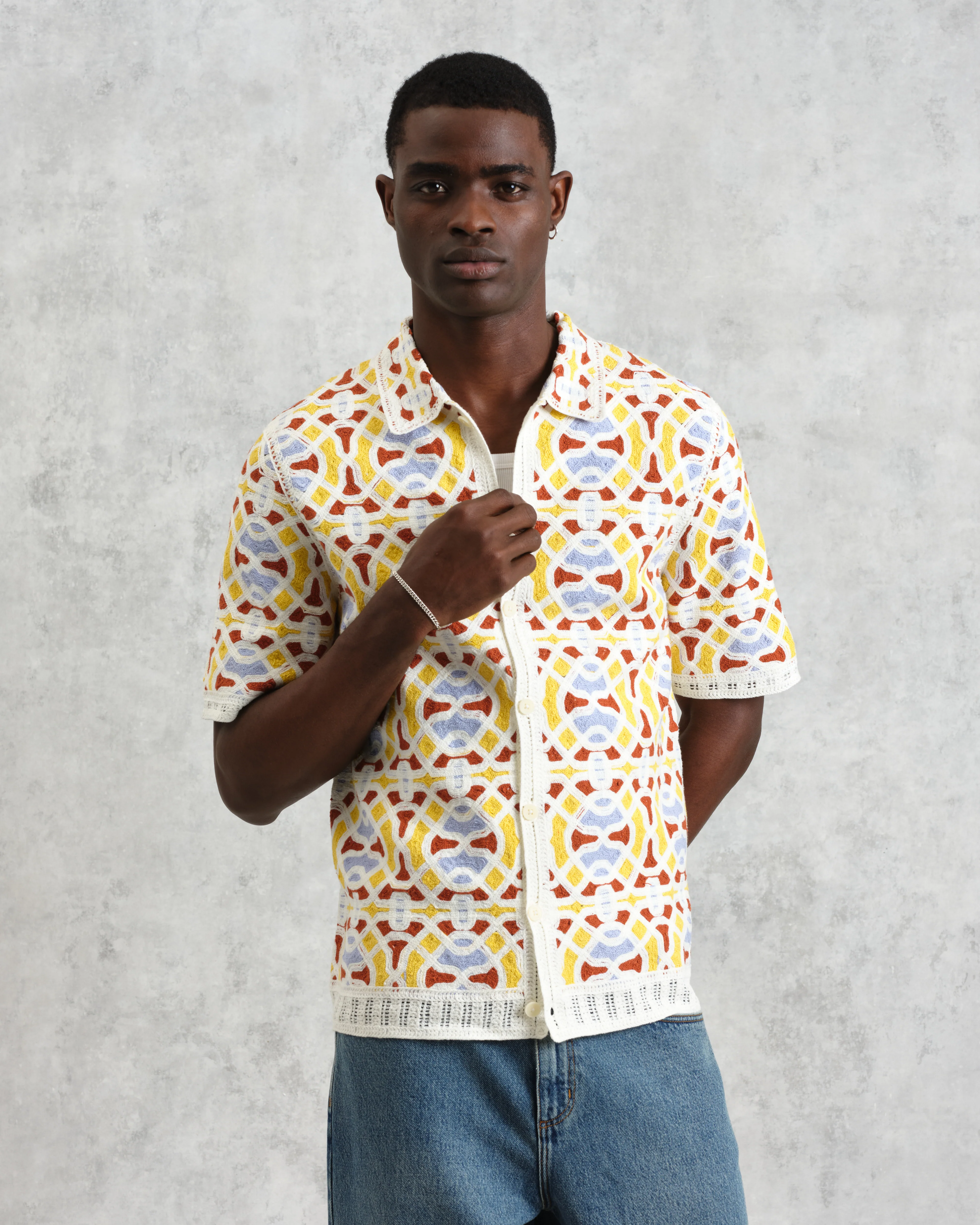 Dorset - Ecru And Multicolour Crochet Knitted Polo Shirt - Image 3