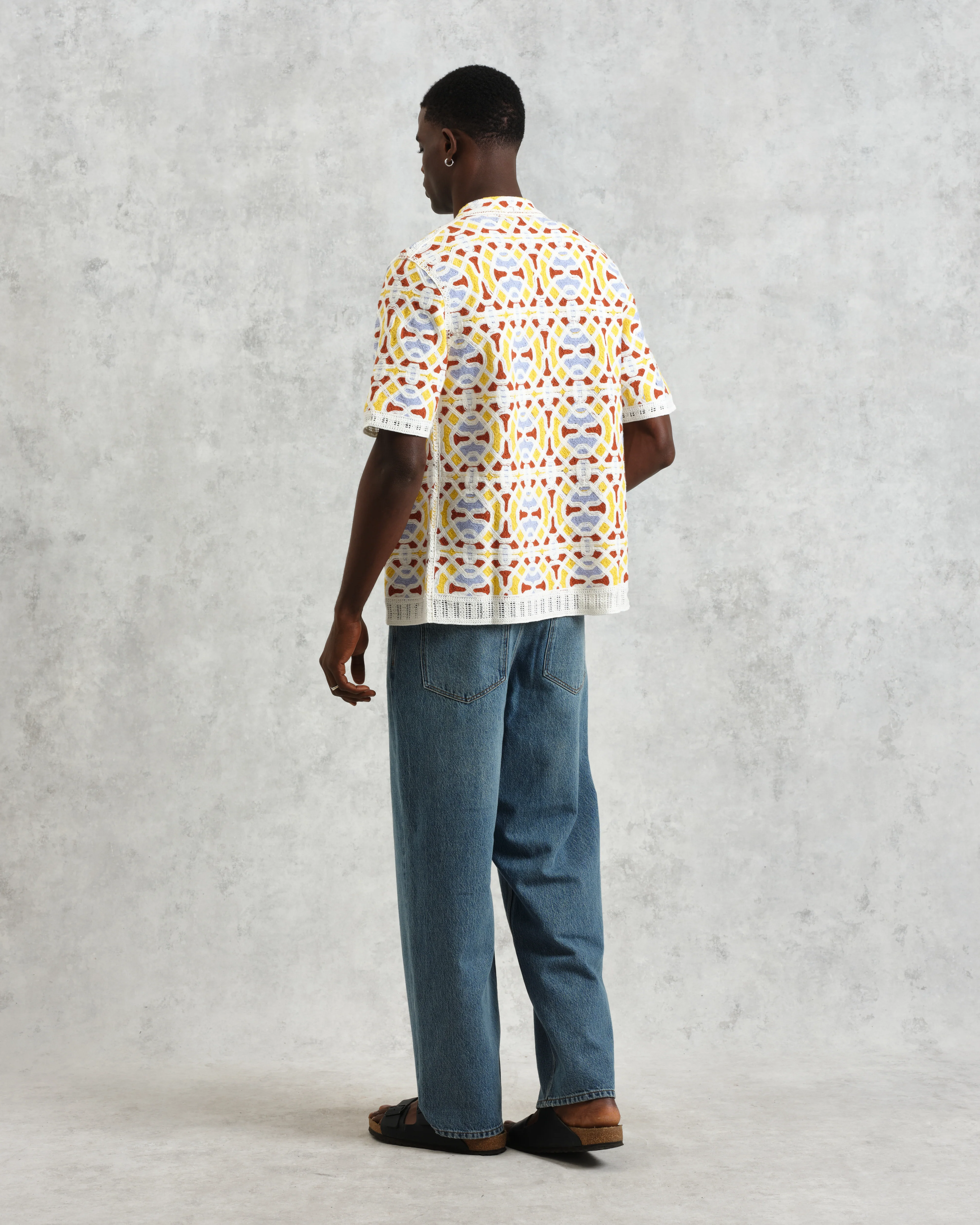 Dorset - Ecru And Multicolour Crochet Knitted Polo Shirt - Image 6