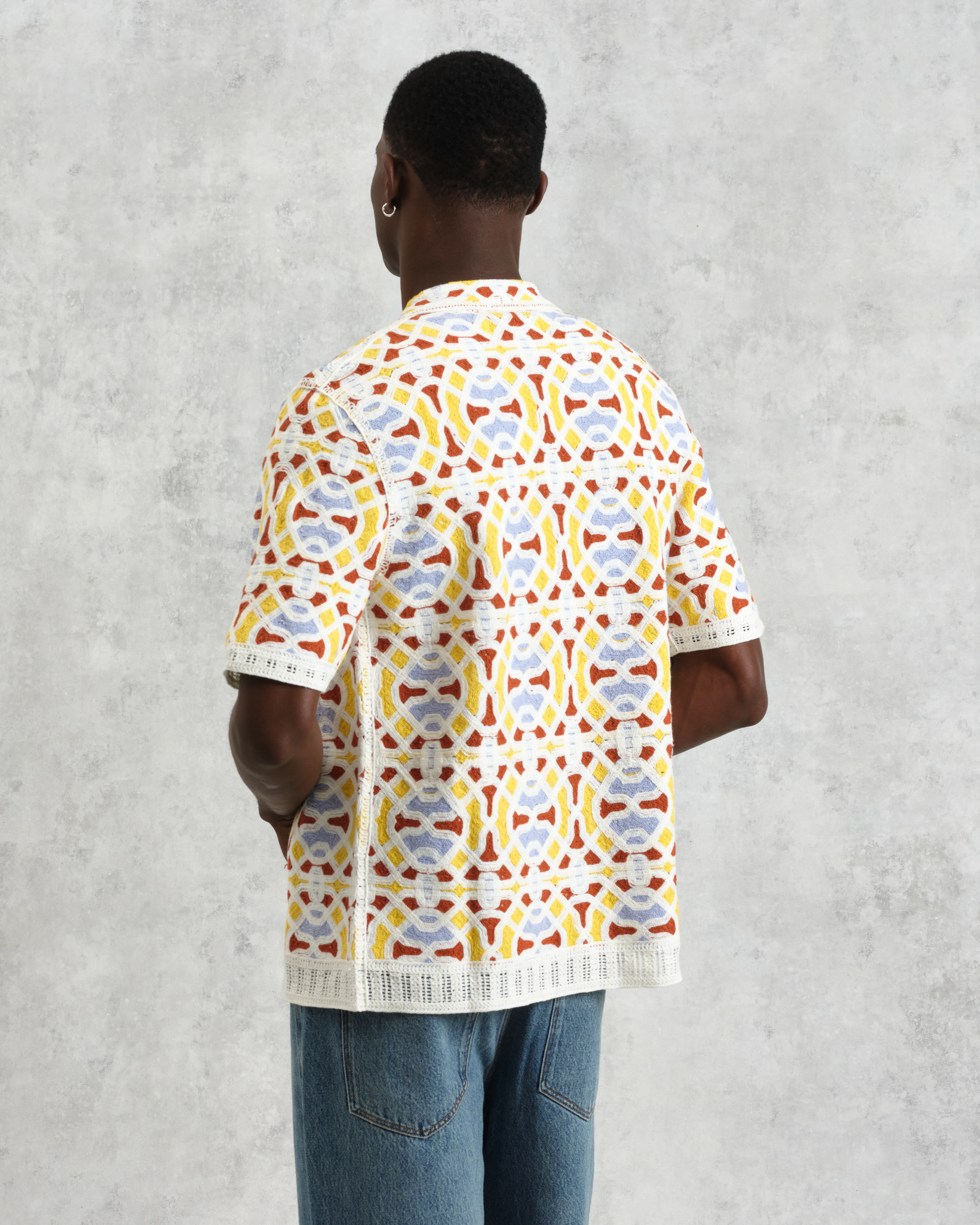 Dorset - Ecru And Multicolour Crochet Knitted Polo Shirt - Image 8