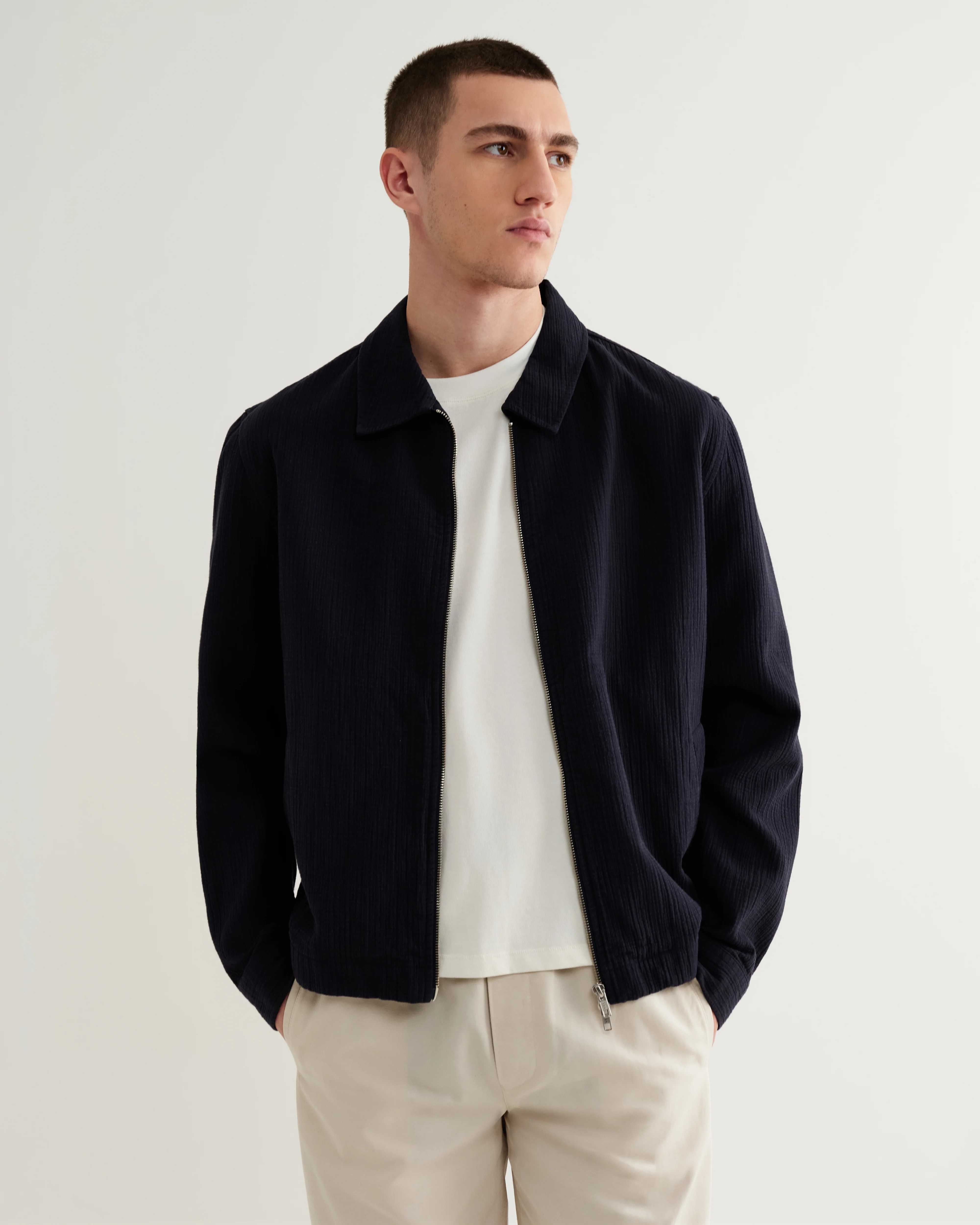 Eldon - Navy Crinkle Cotton-Linen Jacket - Image 4