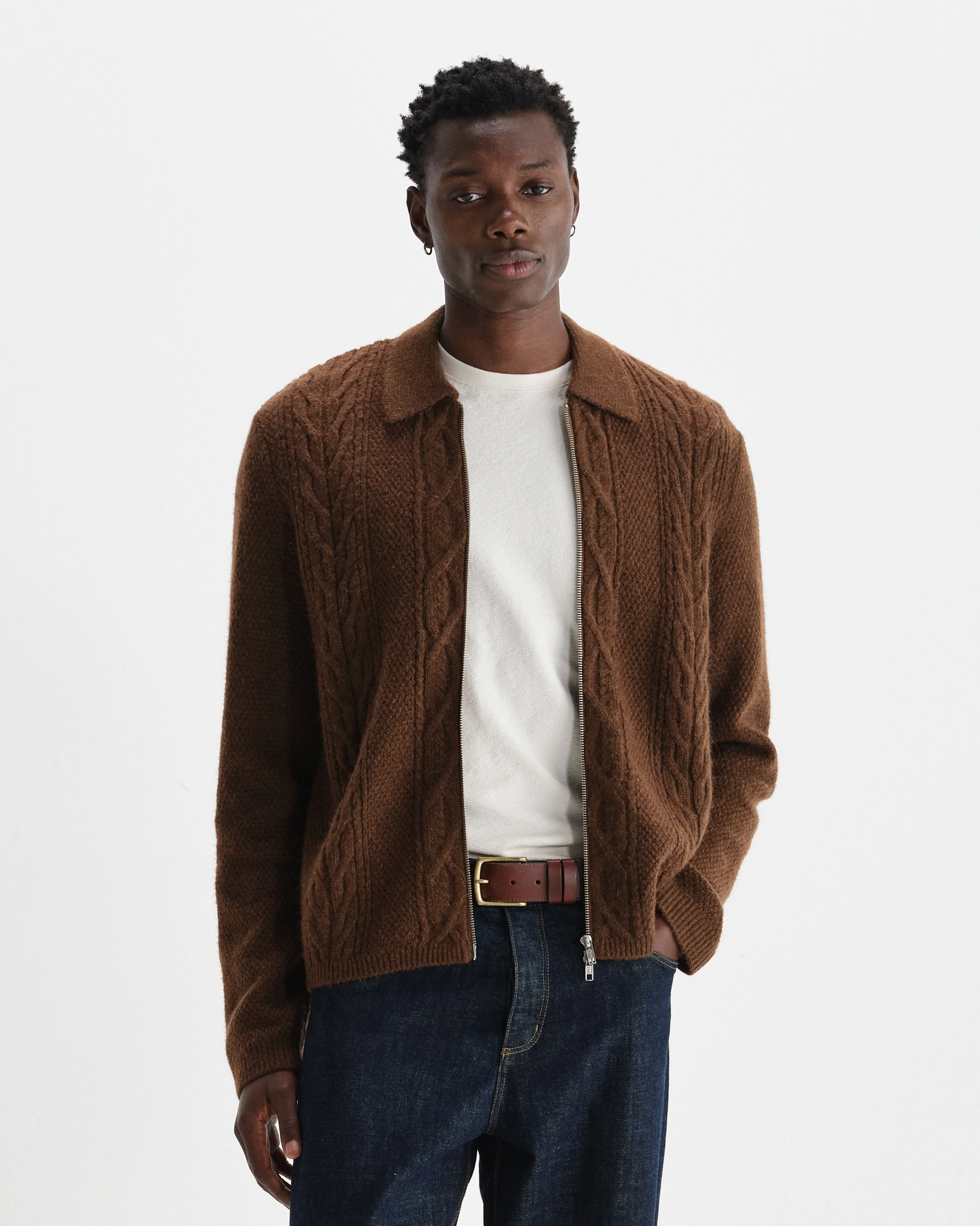 Friar - Brown Brush Cable Knit Zip Cardigan - Image 2