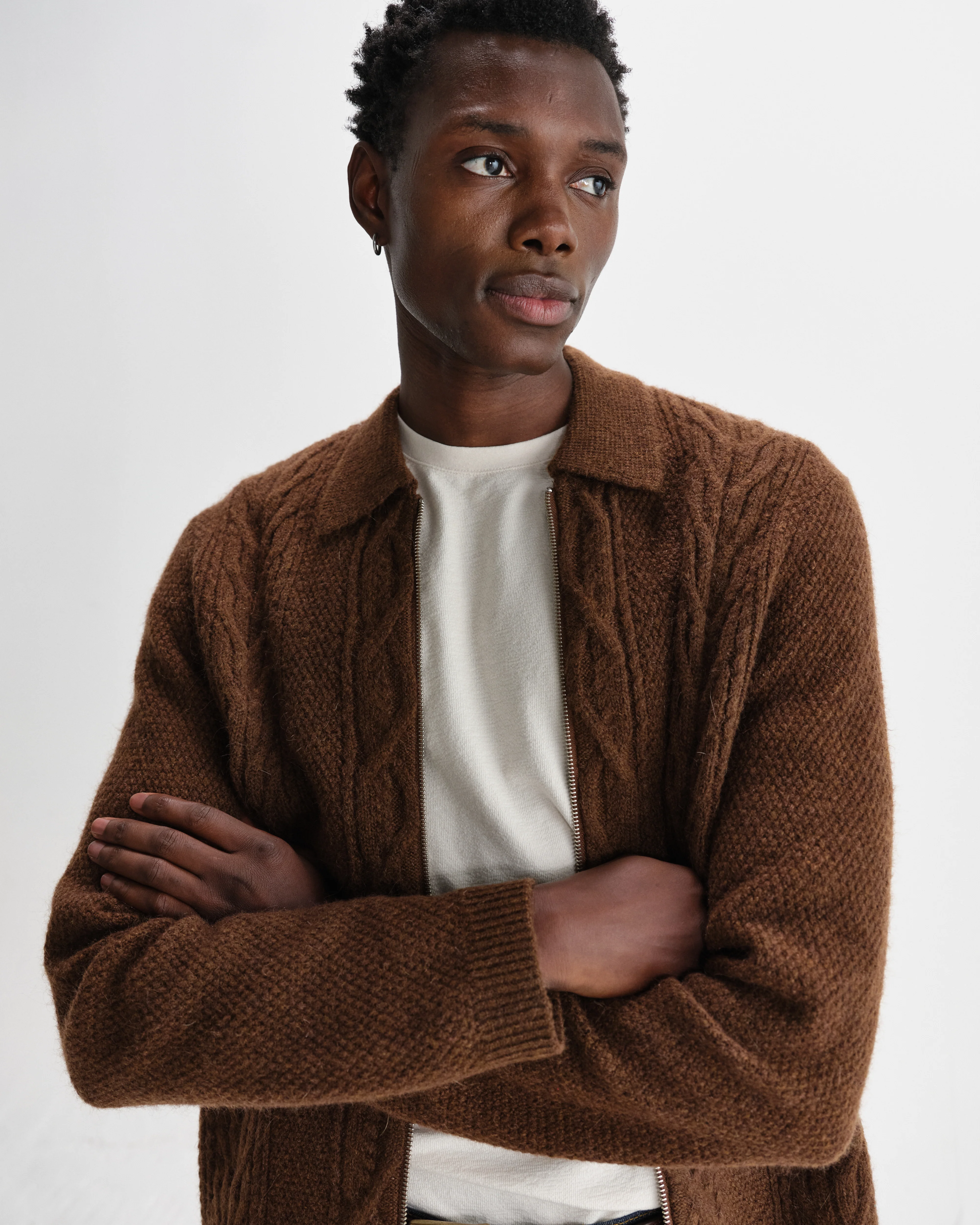 Friar - Brown Brush Cable Knit Zip Cardigan - Image 3