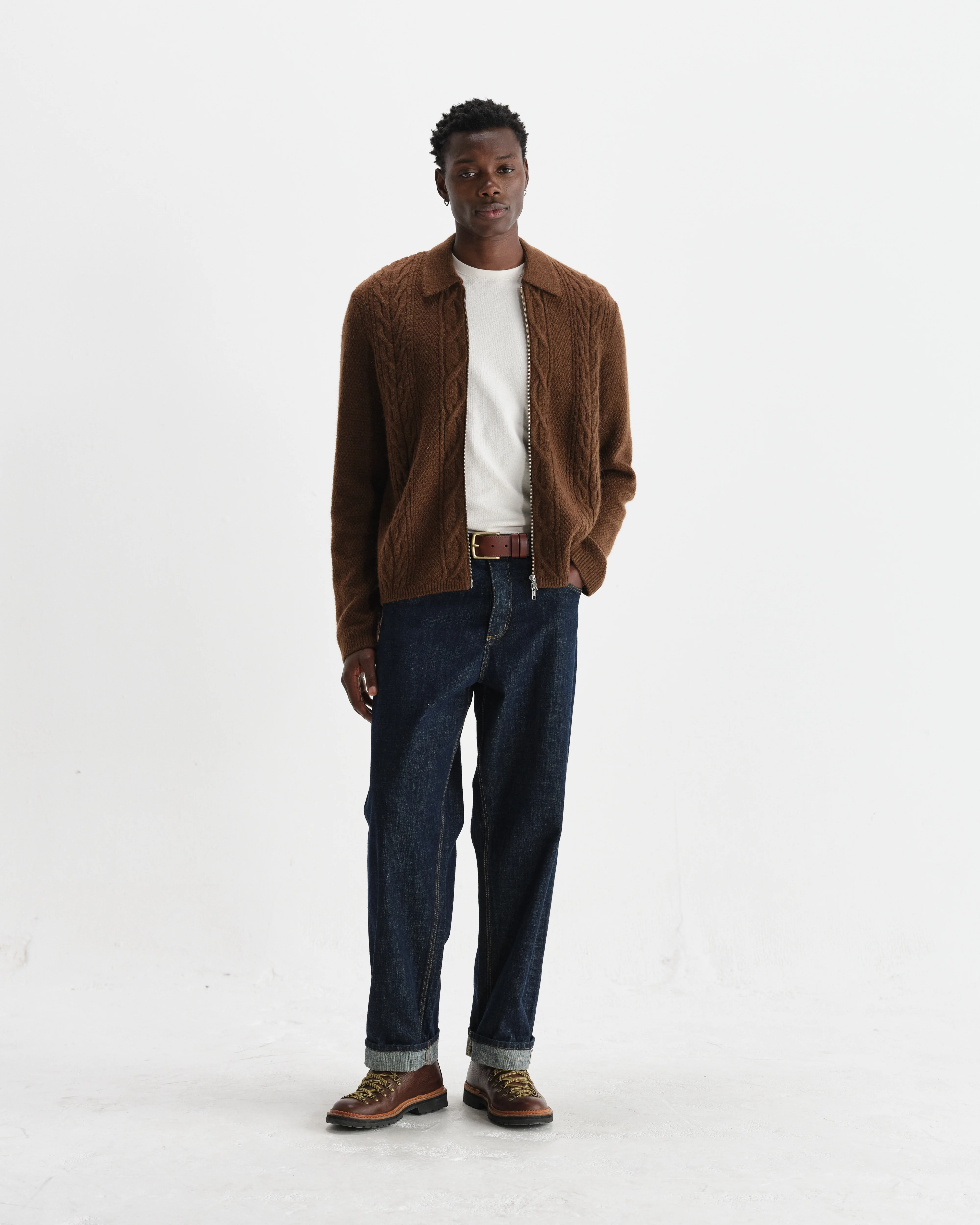 Friar - Brown Brush Cable Knit Zip Cardigan - Image 4