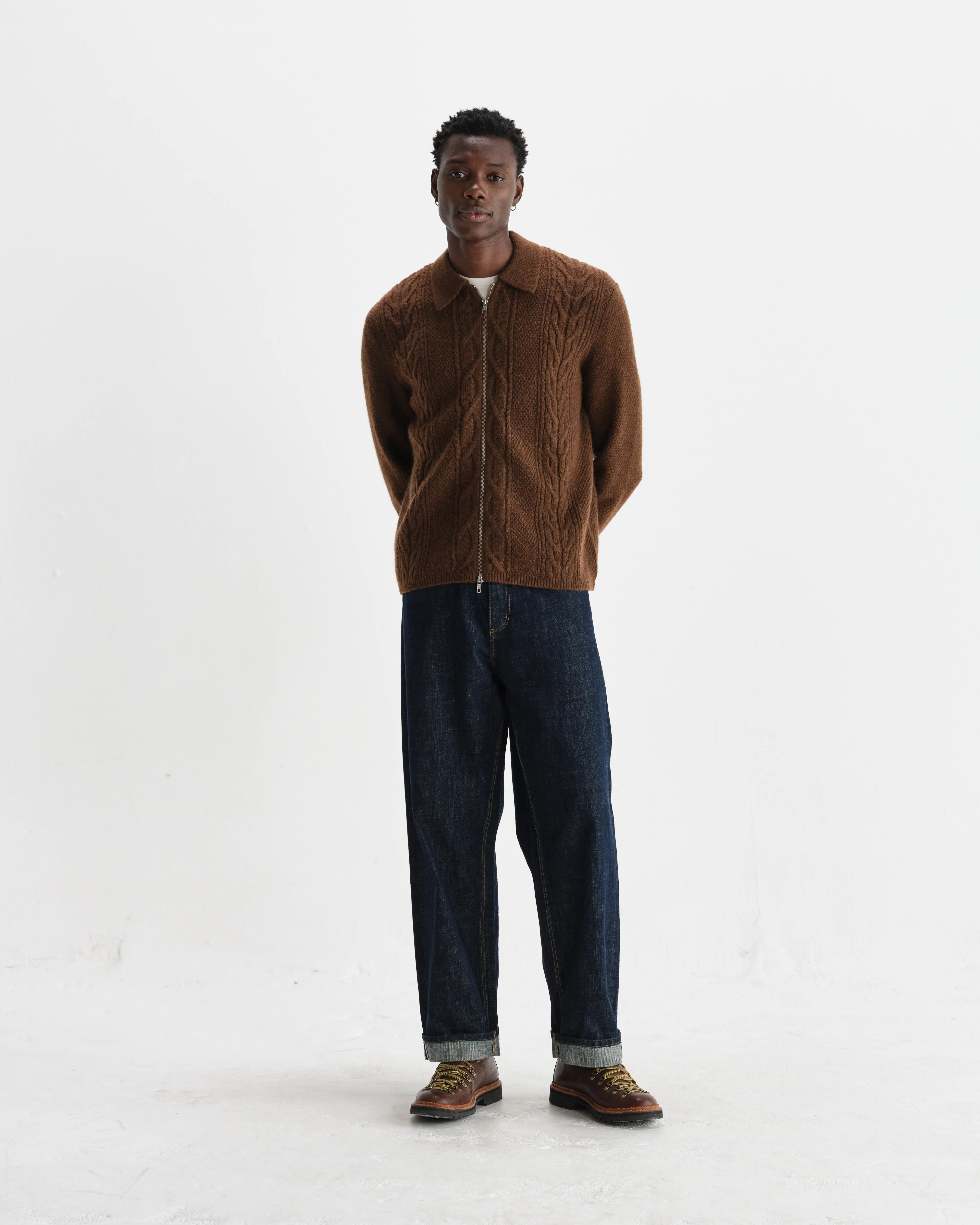 Friar - Brown Brush Cable Knit Zip Cardigan - Image 5