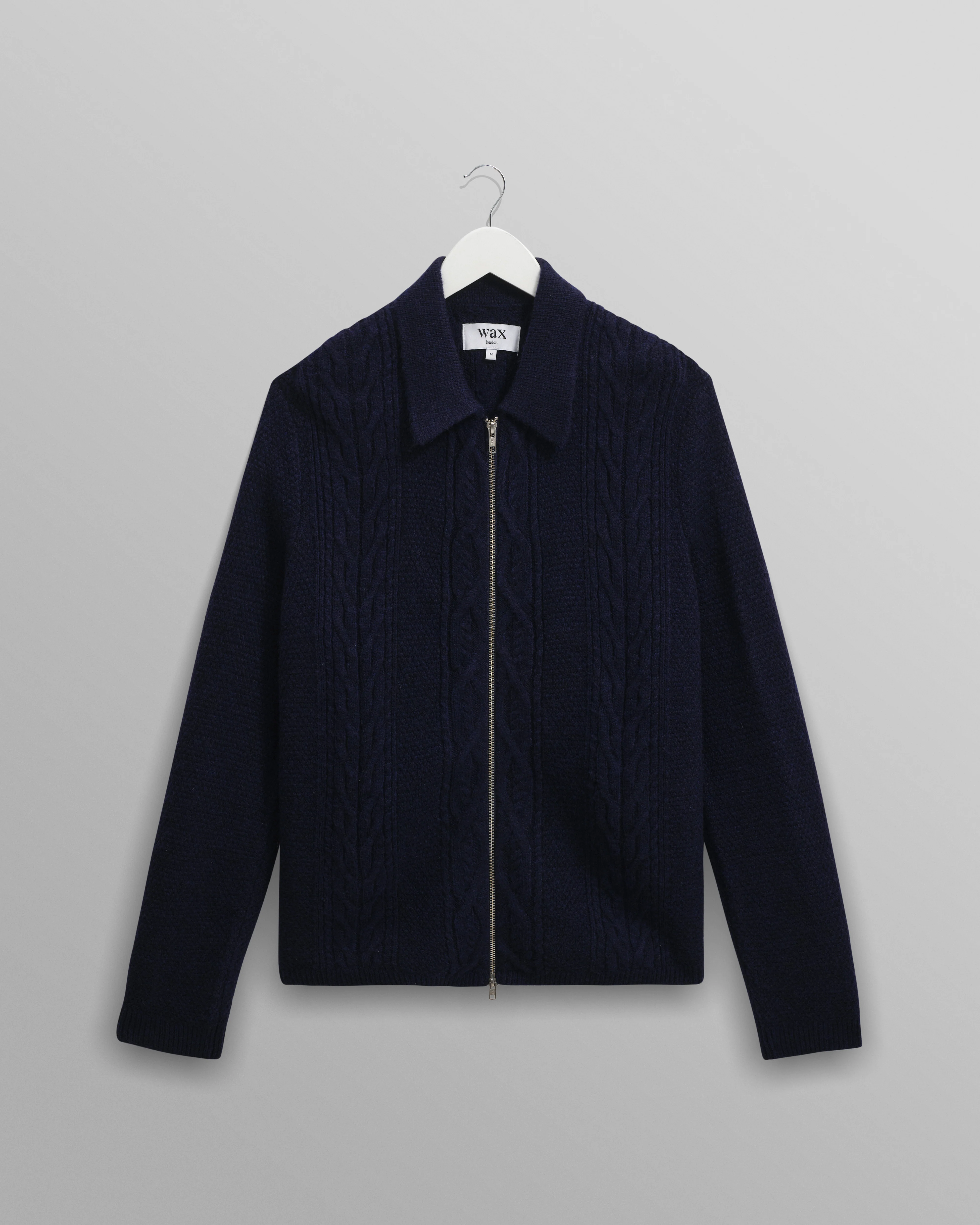 Friar - Navy Brush Cable Knit Zip Cardigan