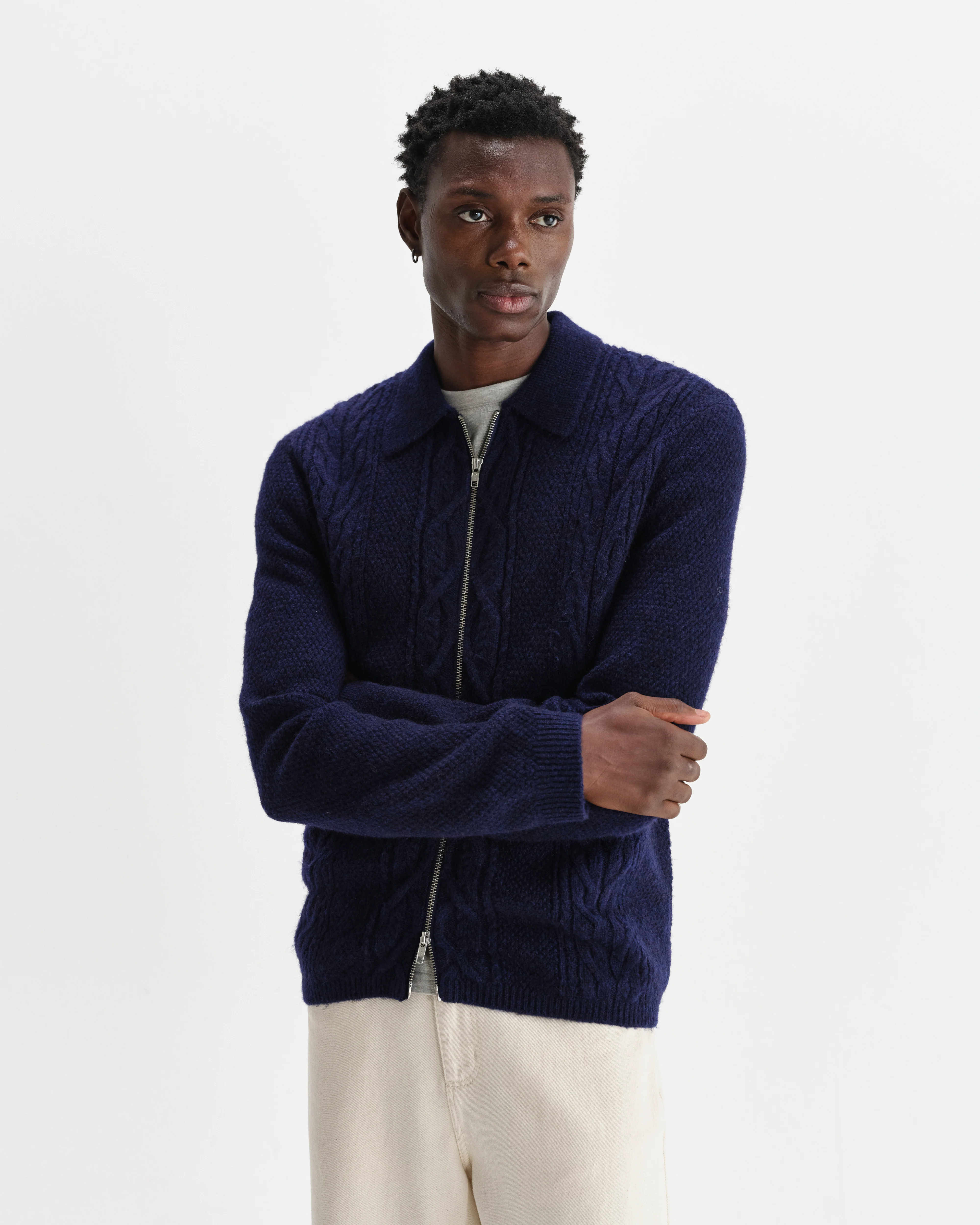 Friar - Navy Brush Cable Knit Zip Cardigan - Image 2