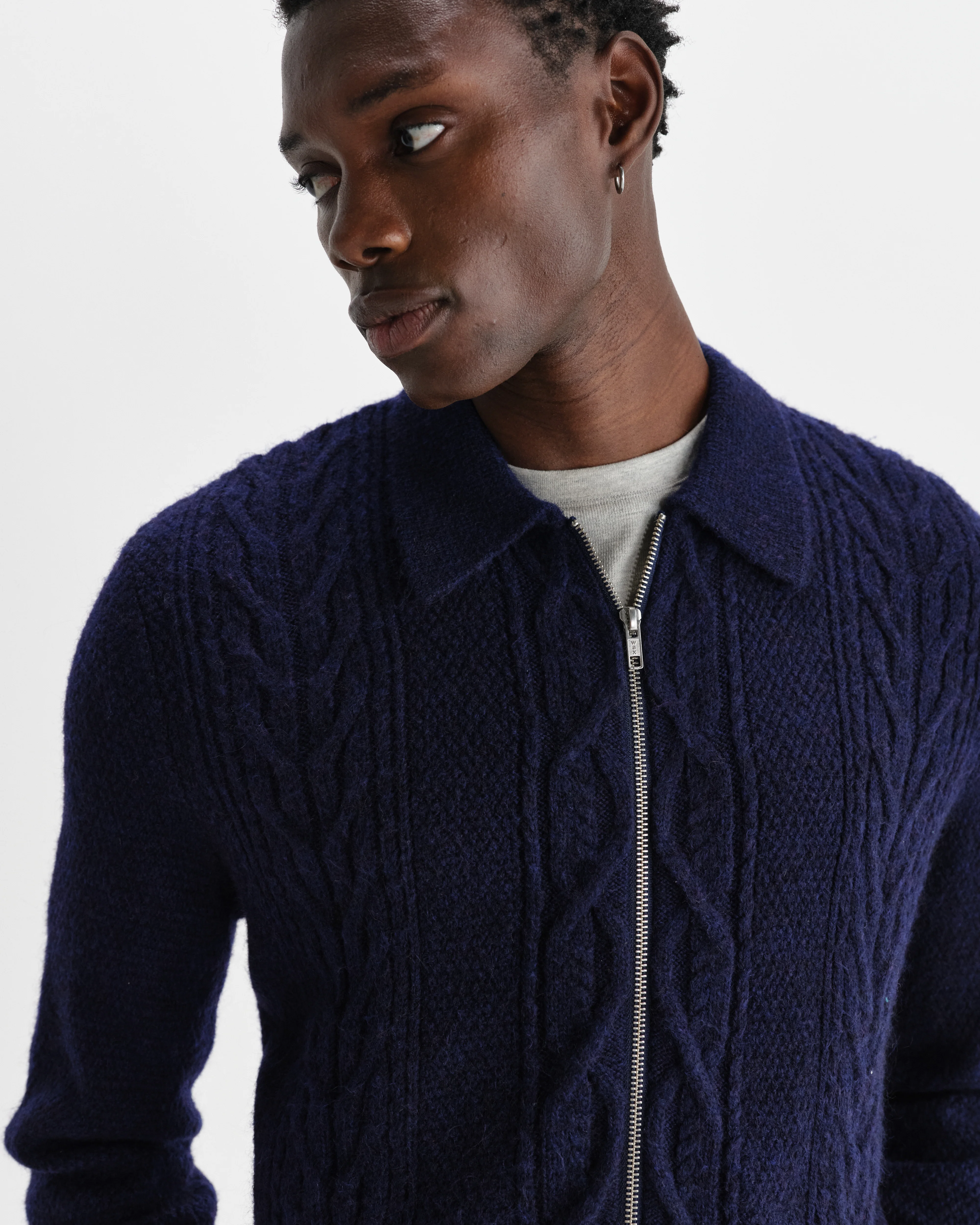 Friar - Navy Brush Cable Knit Zip Cardigan - Image 3