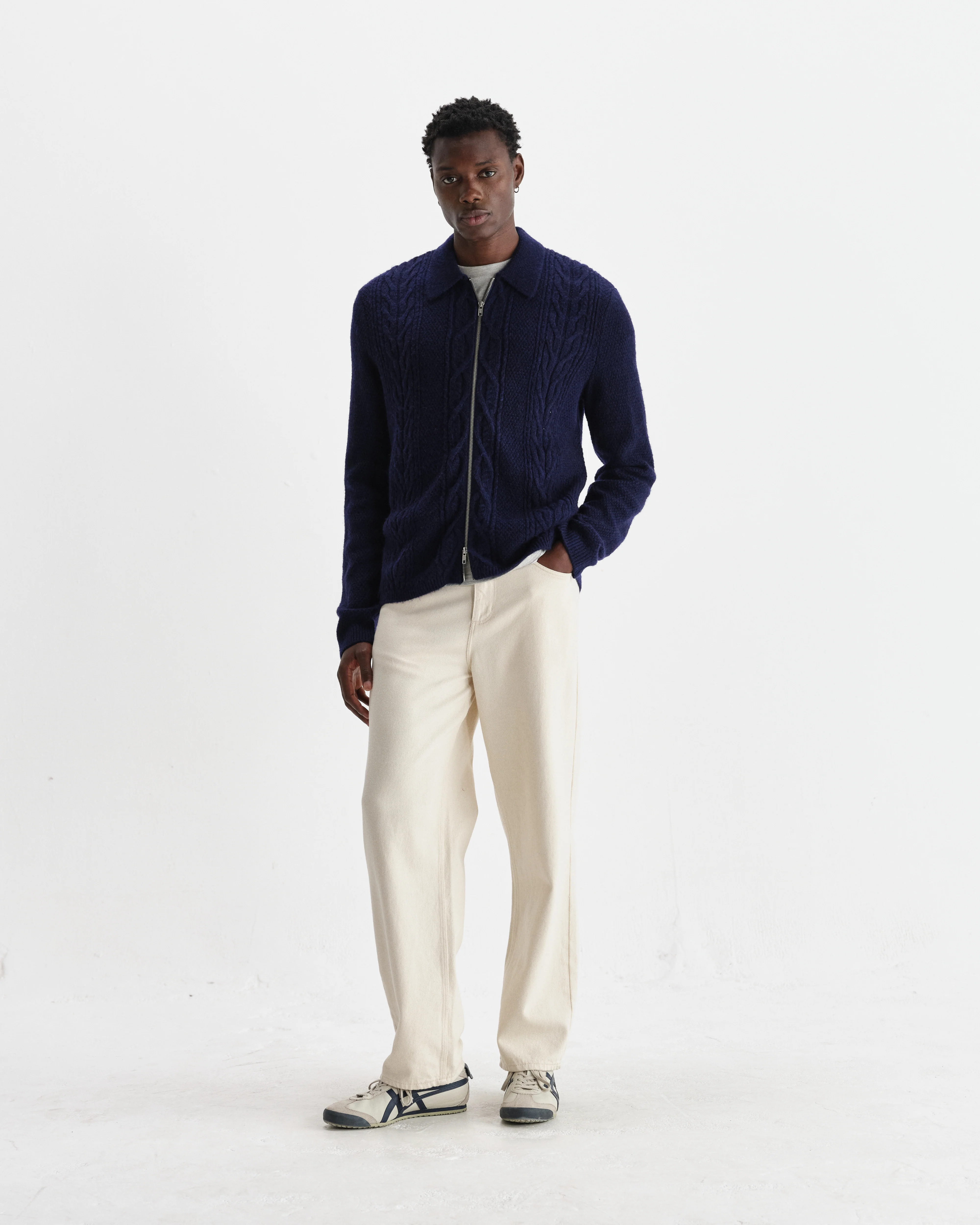 Friar - Navy Brush Cable Knit Zip Cardigan - Image 4
