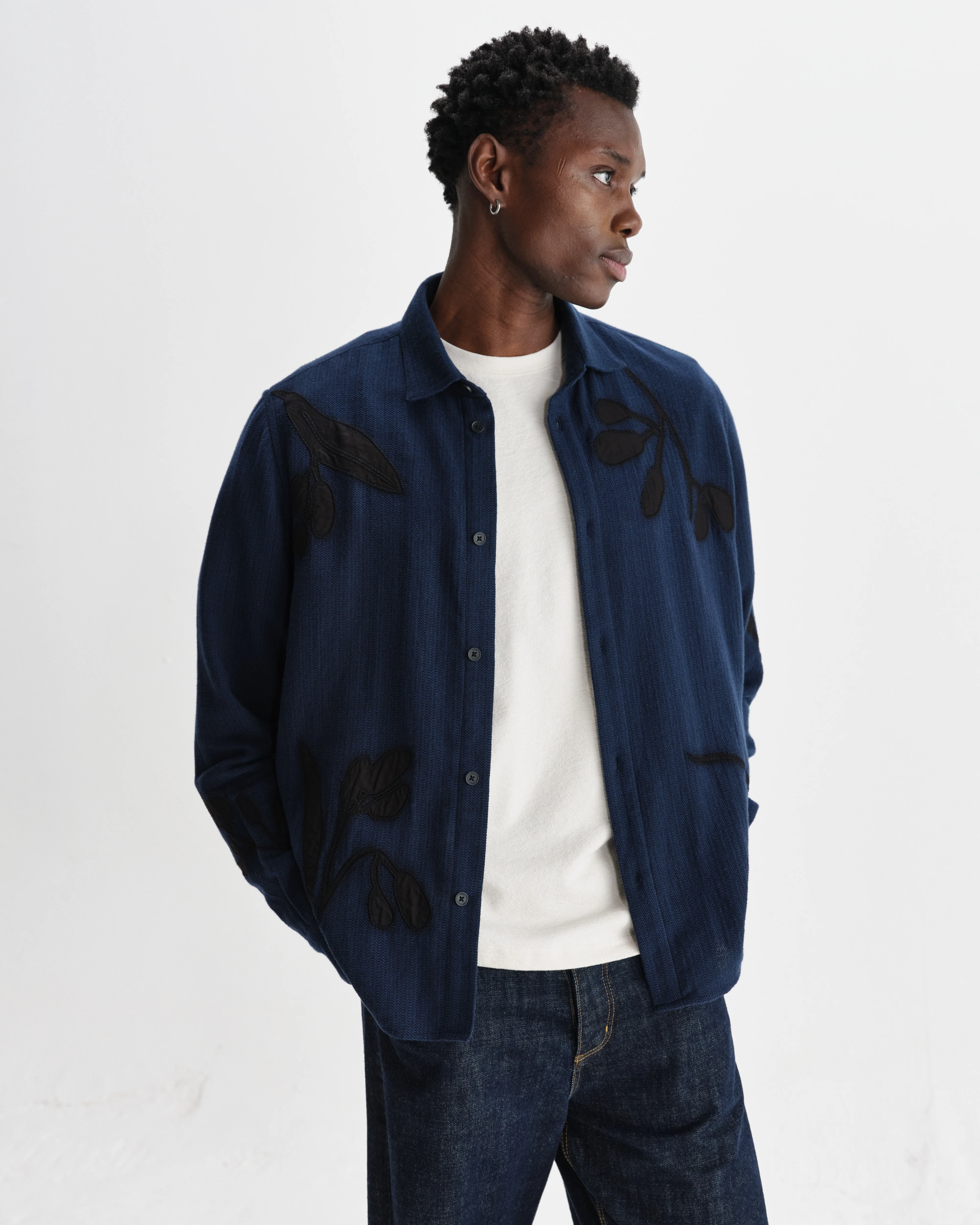 Halcomb - Navy Herringbone Cotton Applique Shirt - Image 2