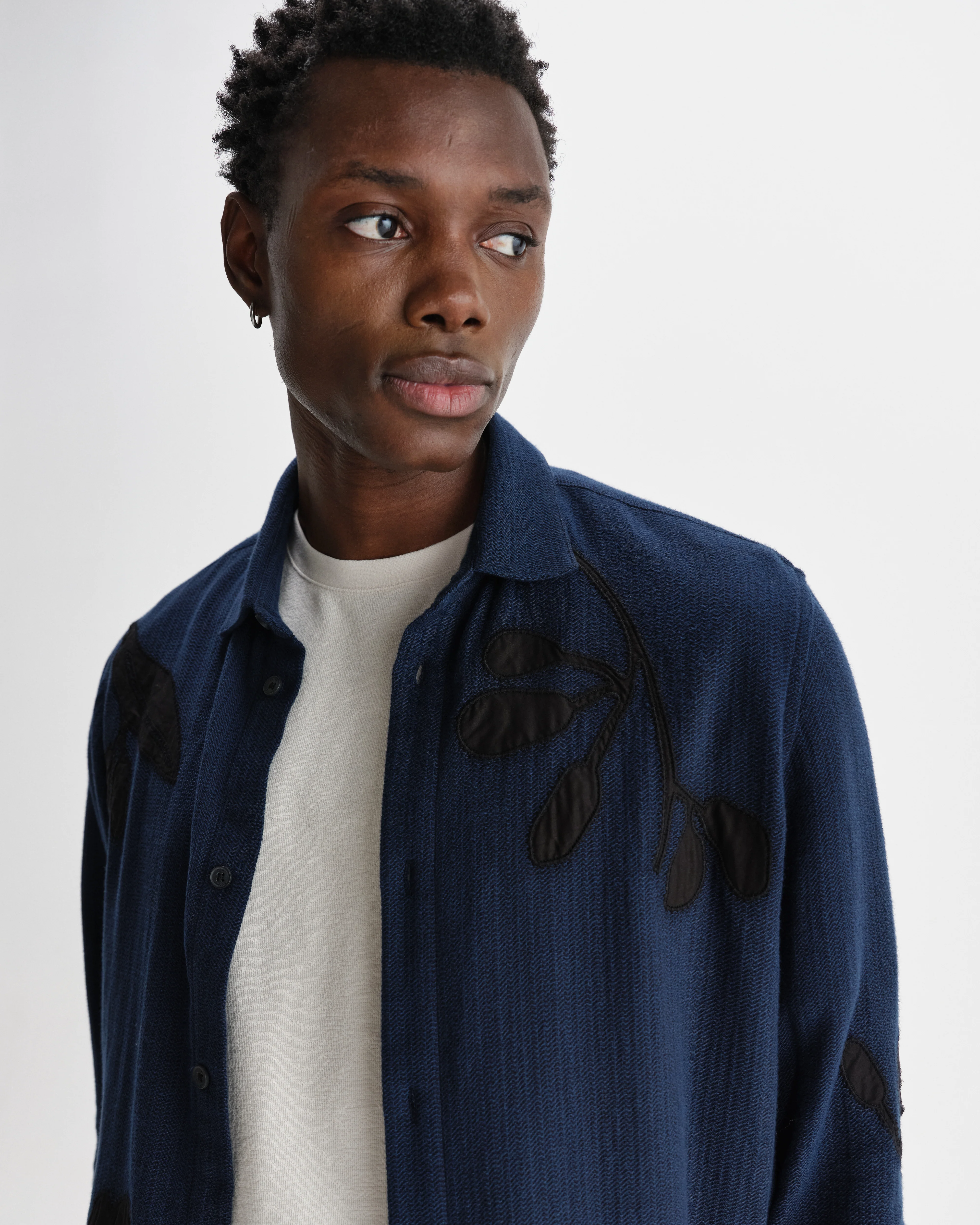 Halcomb - Navy Herringbone Cotton Applique Shirt - Image 3