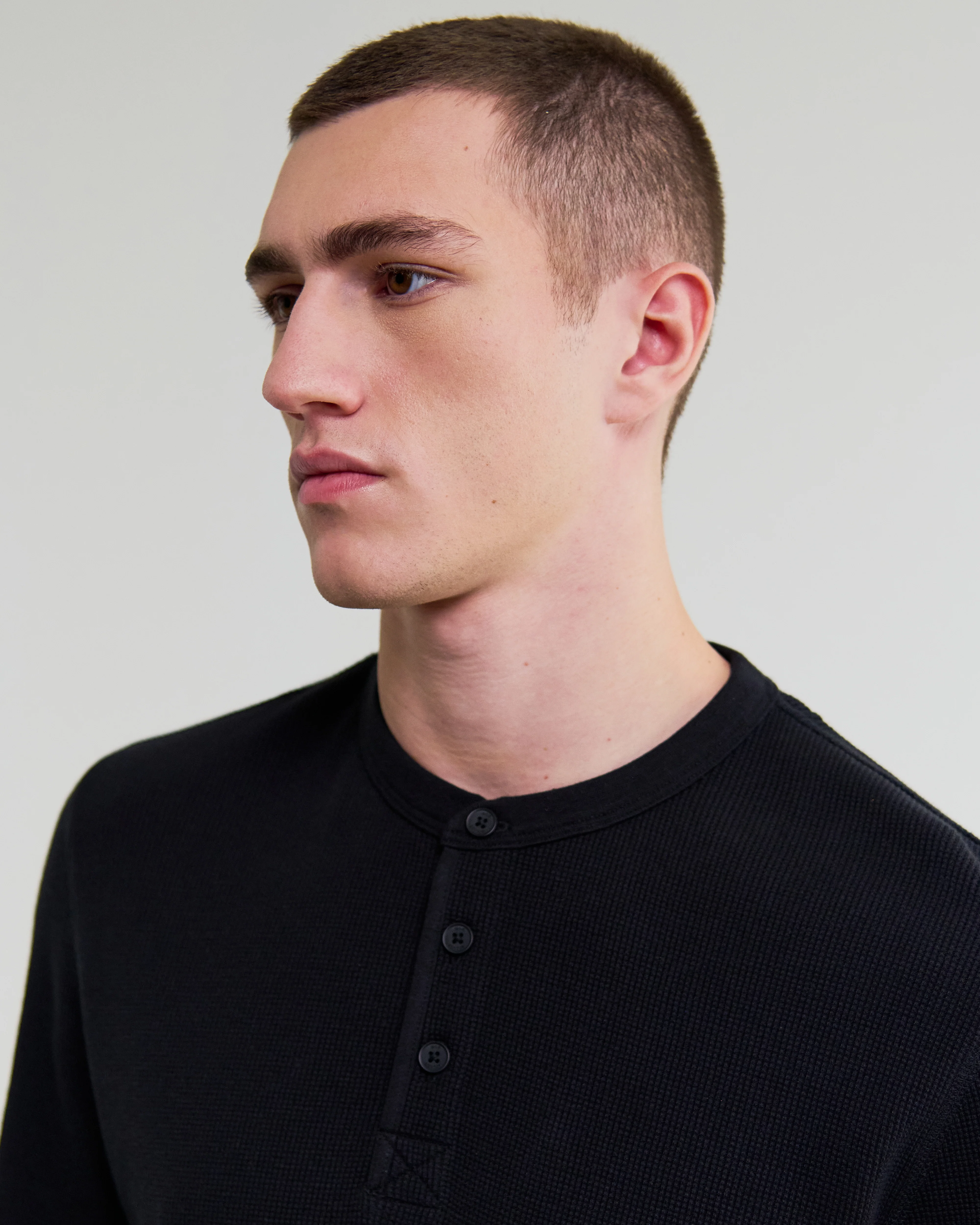 Halton - Black Waffle Long-Sleeve Henley T-Shirt - Image 3