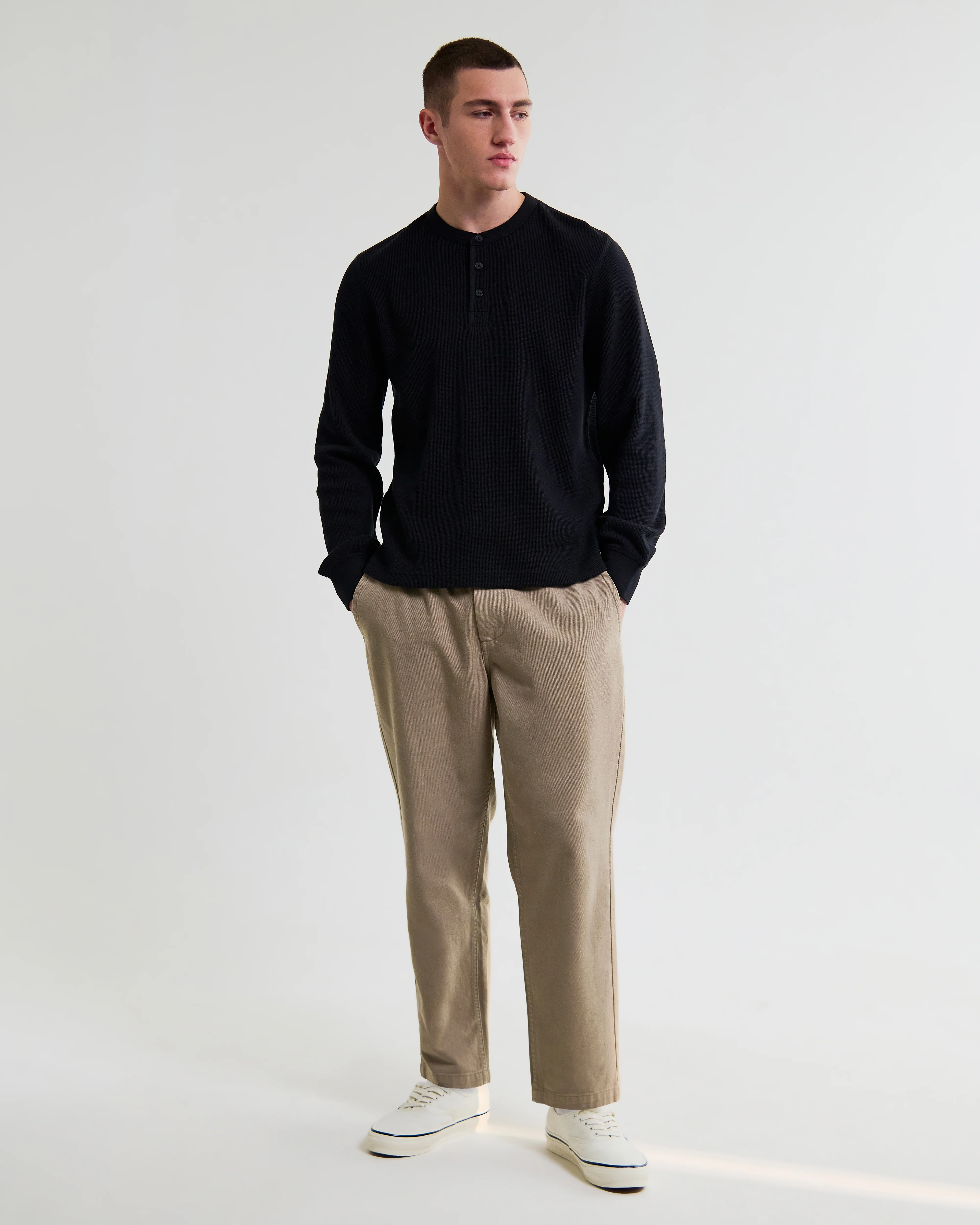 Halton - Black Waffle Long-Sleeve Henley T-Shirt - Image 4