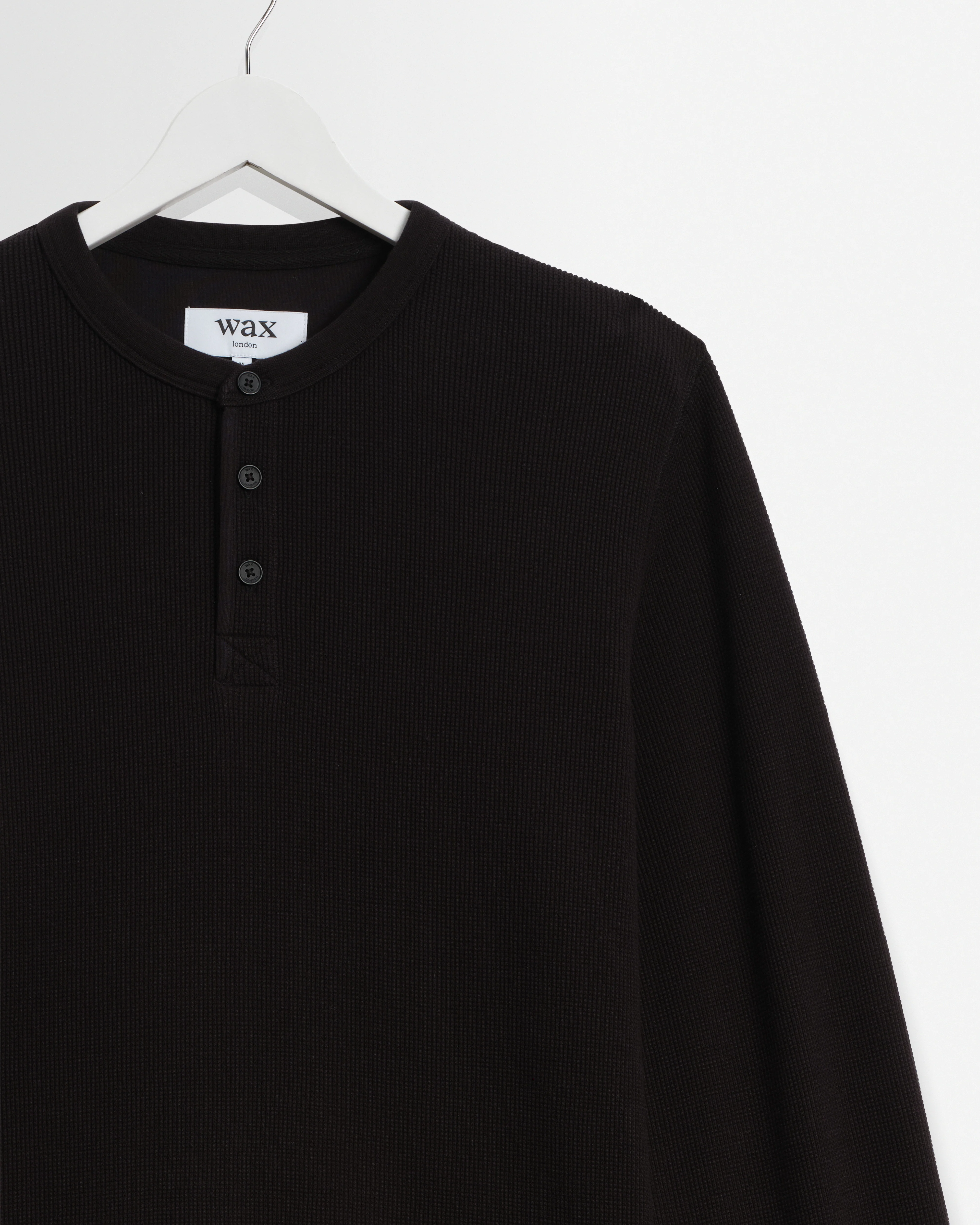 Halton - Black Waffle Long-Sleeve Henley T-Shirt - Image 7
