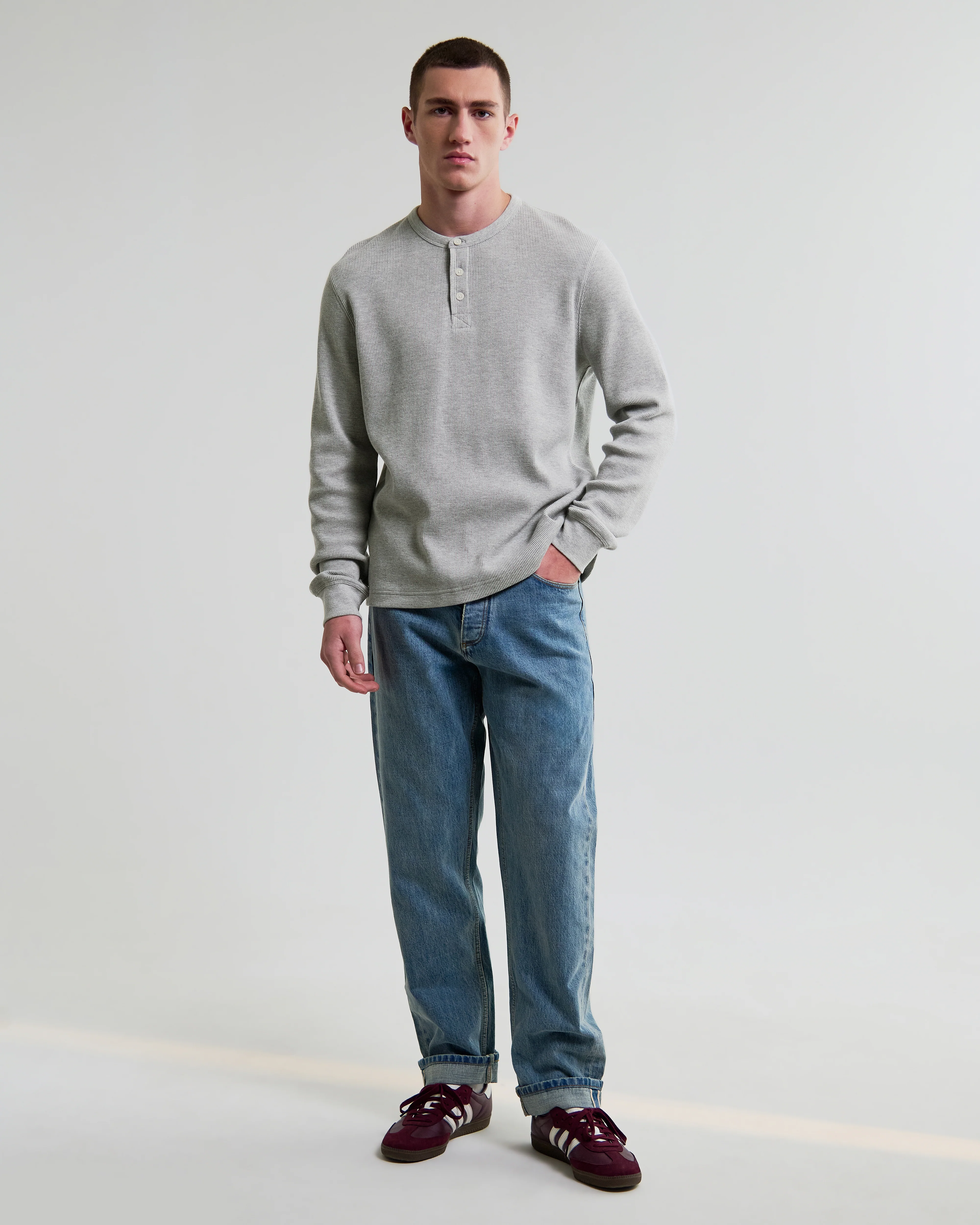 Halton - Grey Waffle Long-Sleeve Henley T-Shirt - Image 4