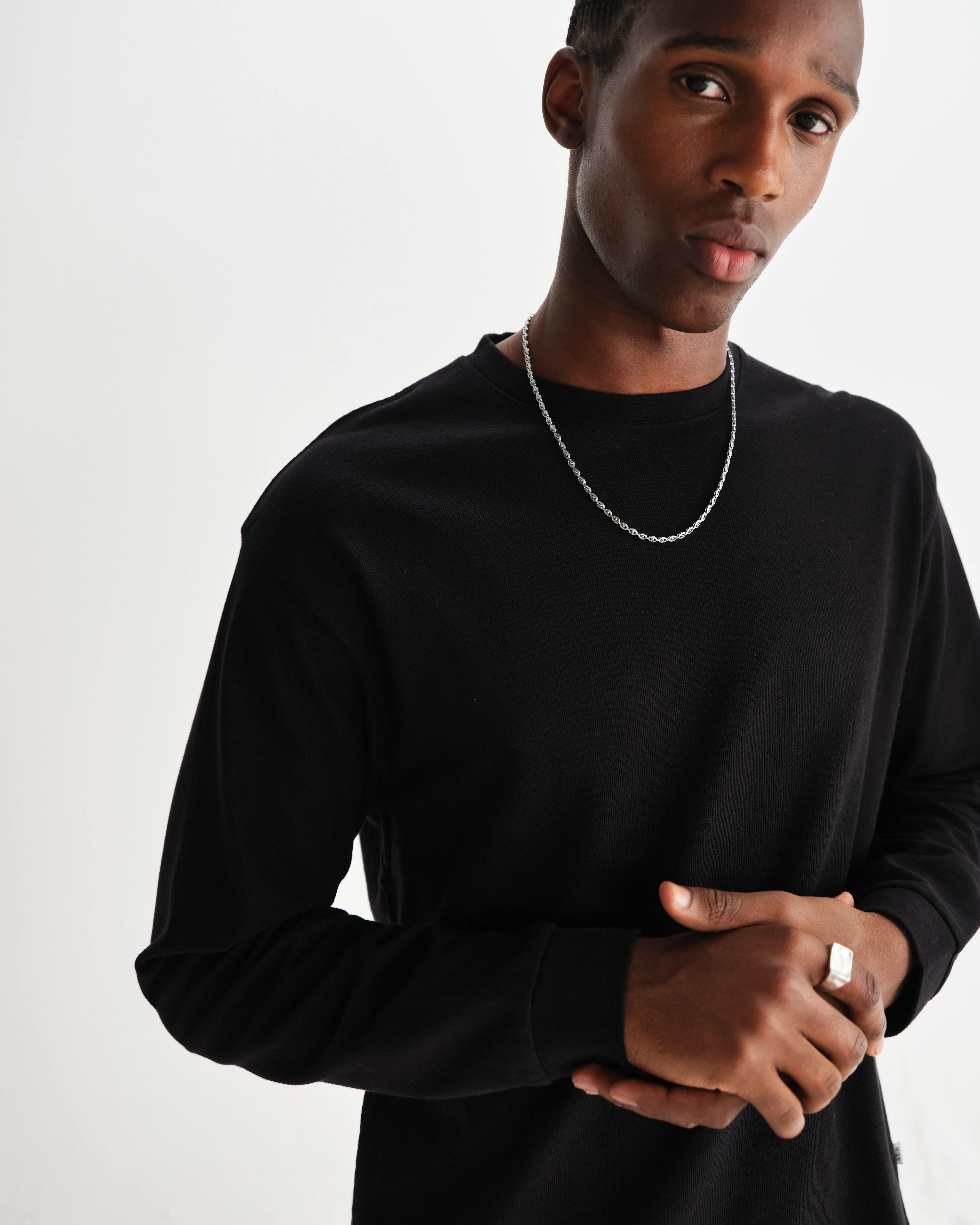 Hayden - Black Textured Organic Cotton Long Sleeve T-Shirt - Image 3