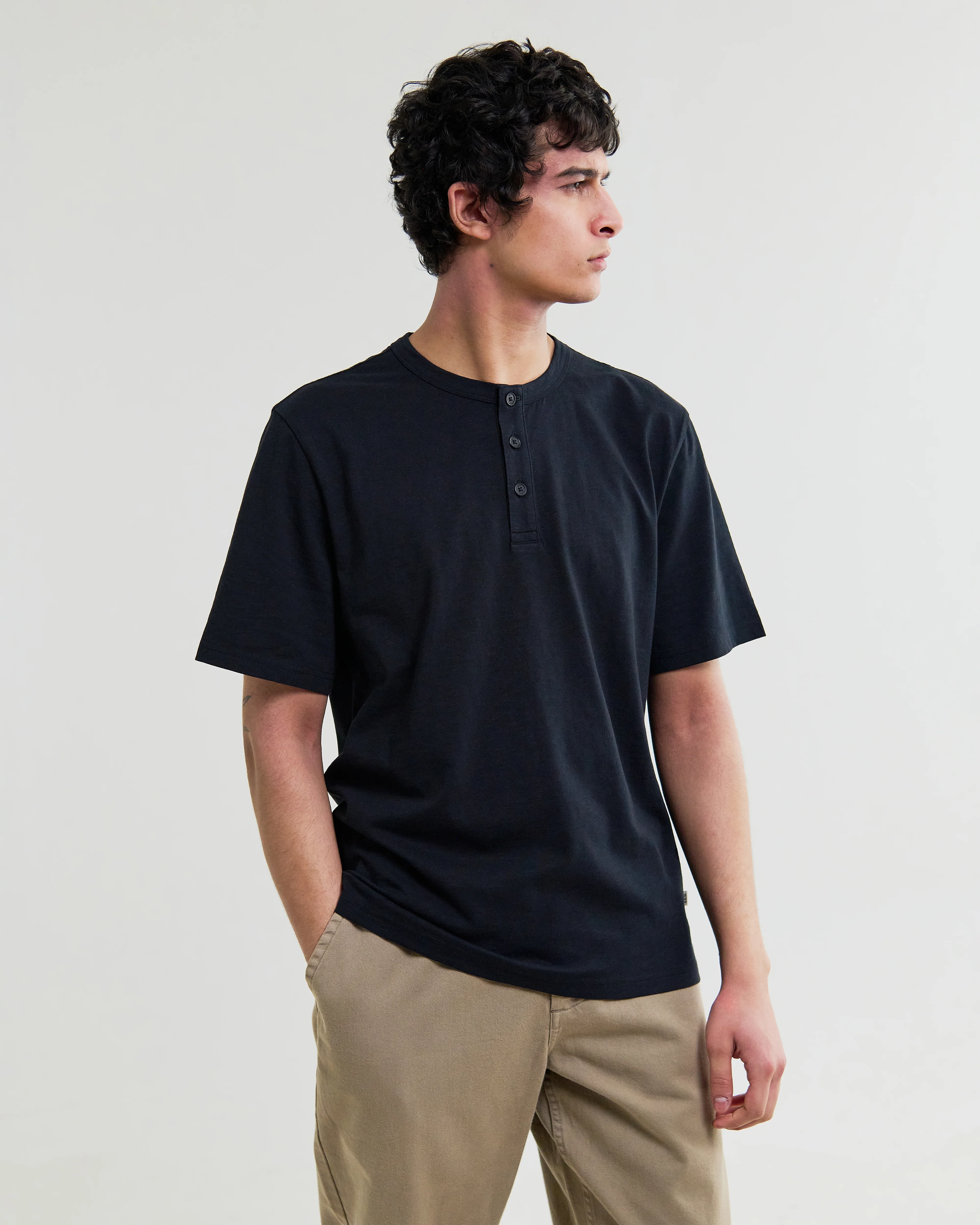 Hill - Black Slub Organic Cotton Henley T-Shirt - Image 2