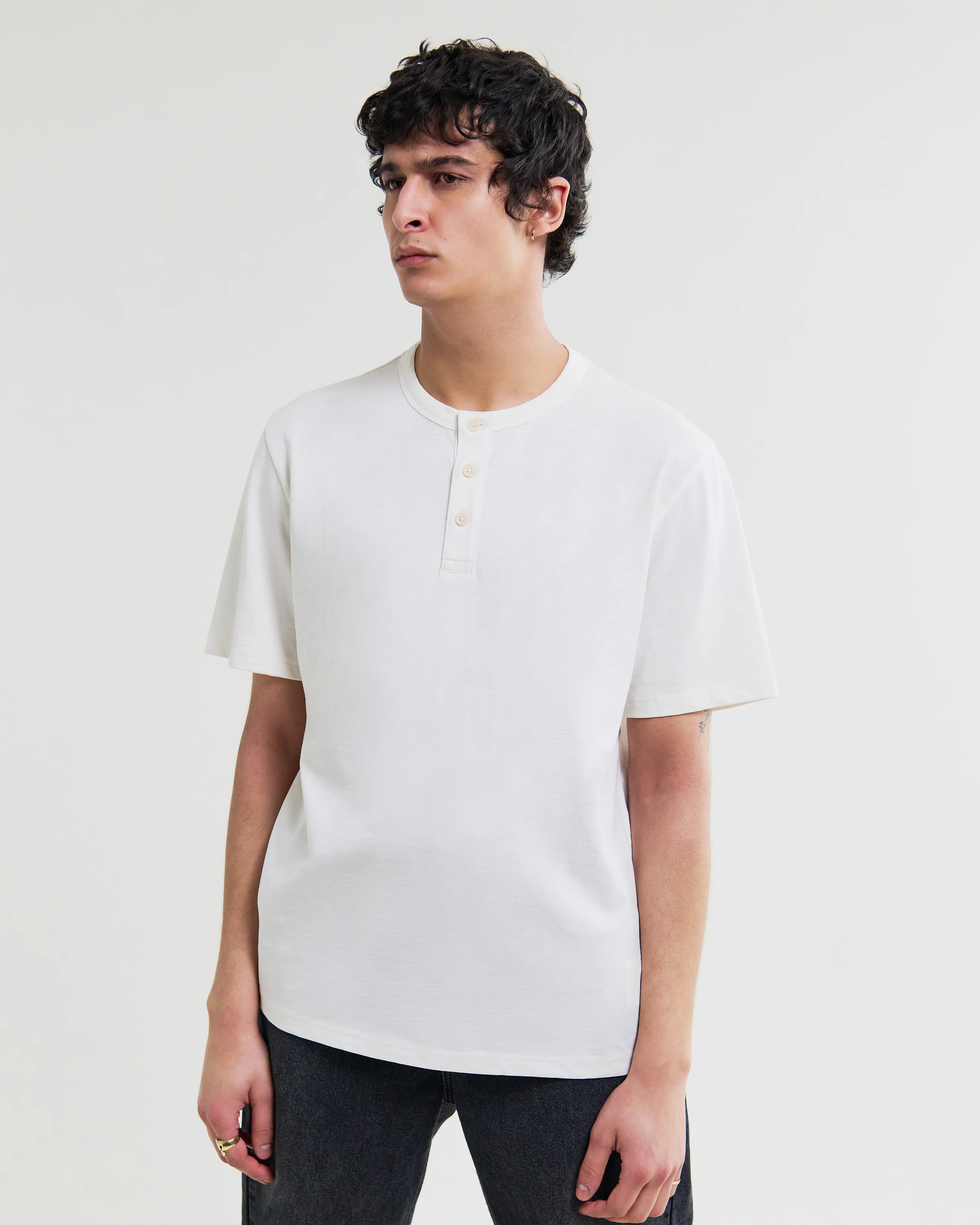 Hill - Off White Slub Organic Cotton Henley T-Shirt - Image 2