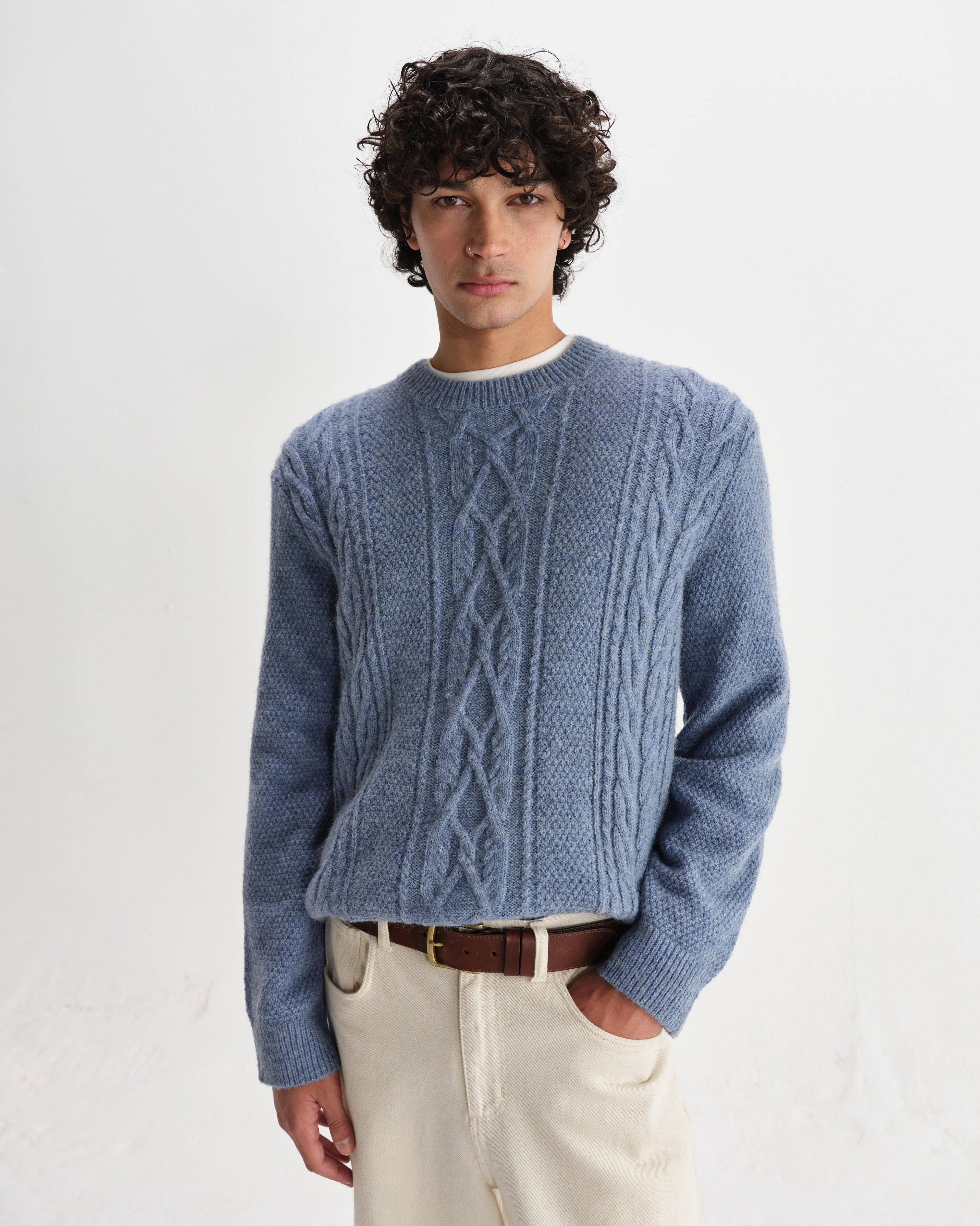Hyatt - Light Blue Brush Cable Knit Crewneck Jumper - Image 3