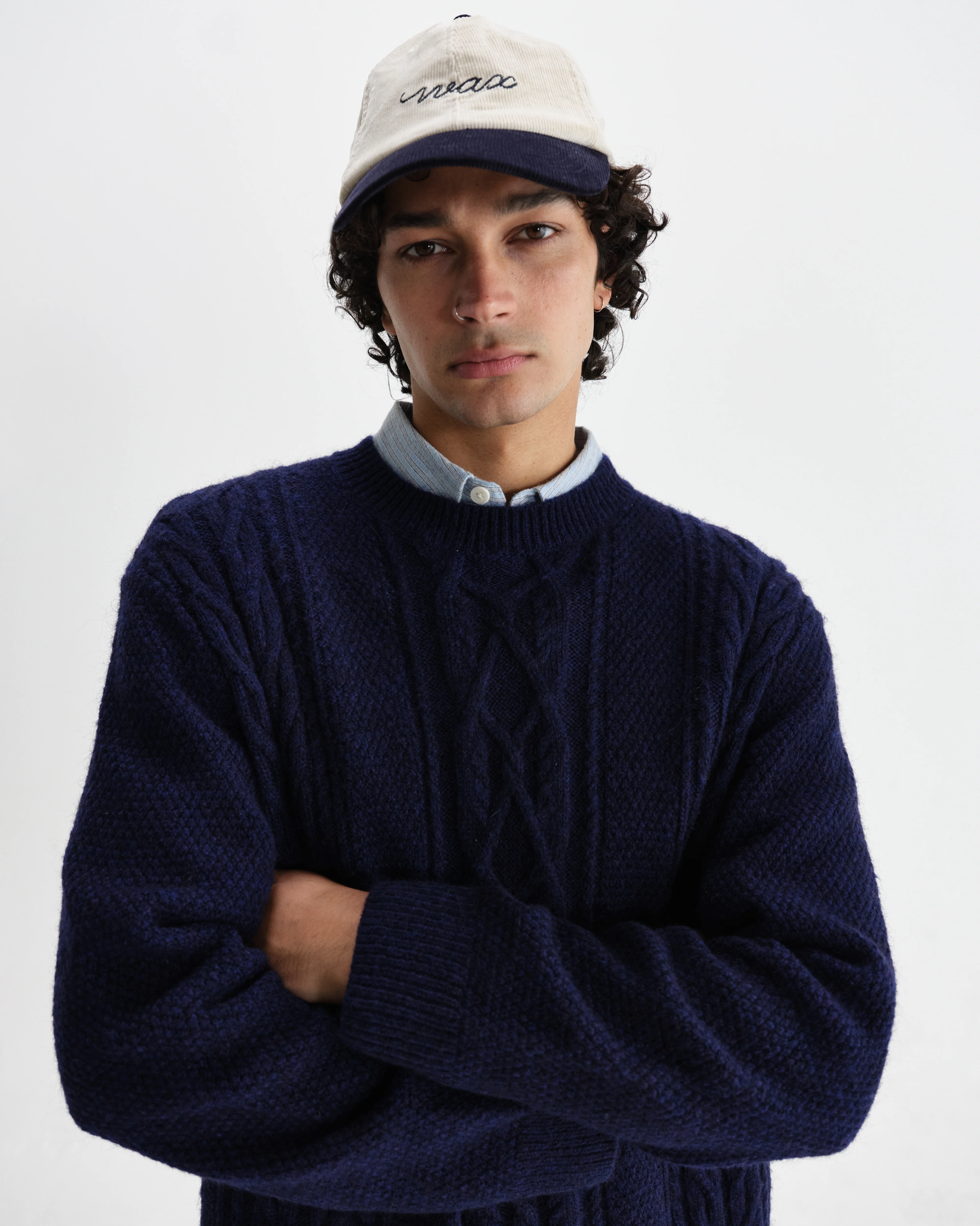 Hyatt - Navy Brush Cable Knit Crewneck Jumper - Image 3
