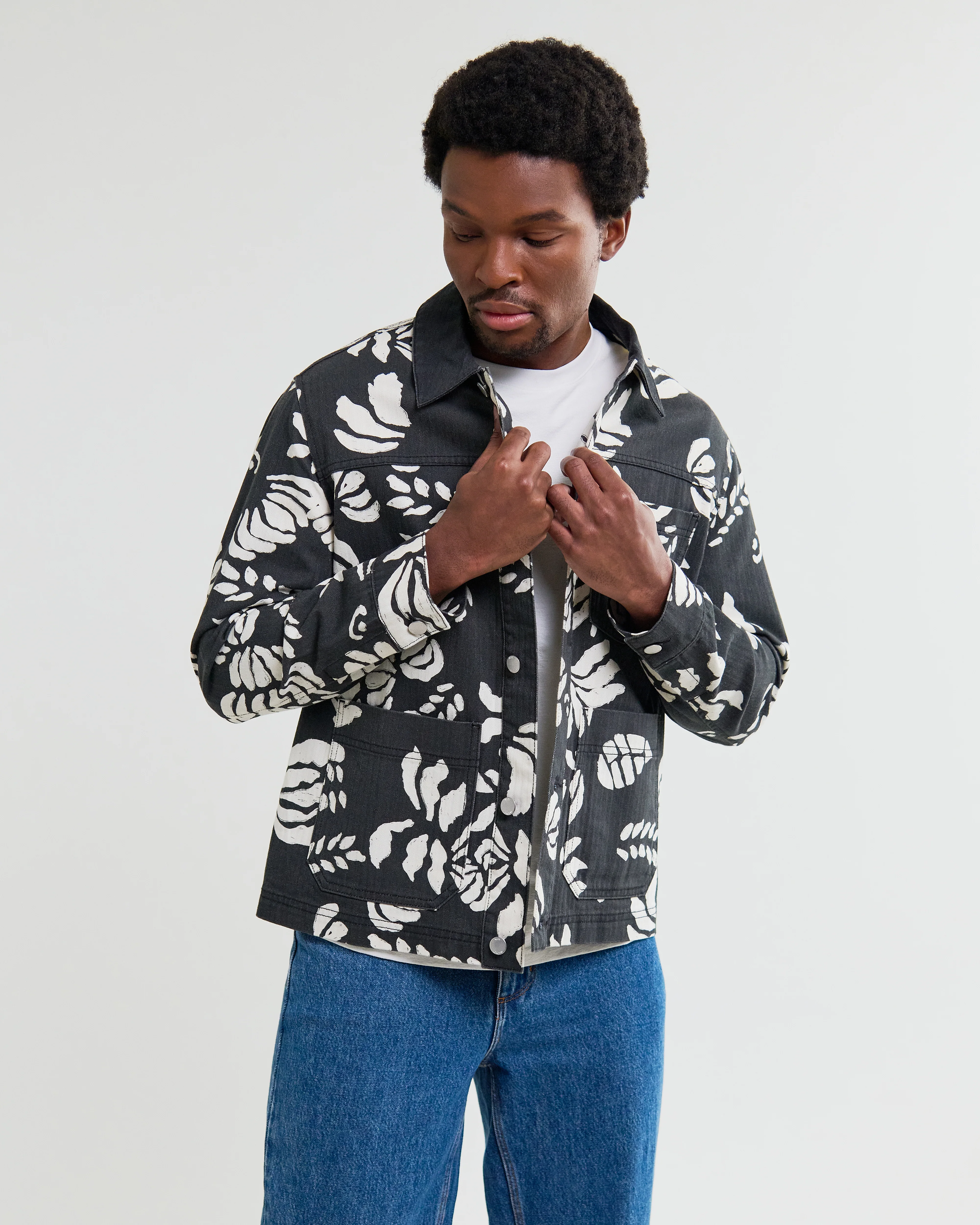 Jay - Black And Ecru Printed Cotton Chore Jacket - Image 2