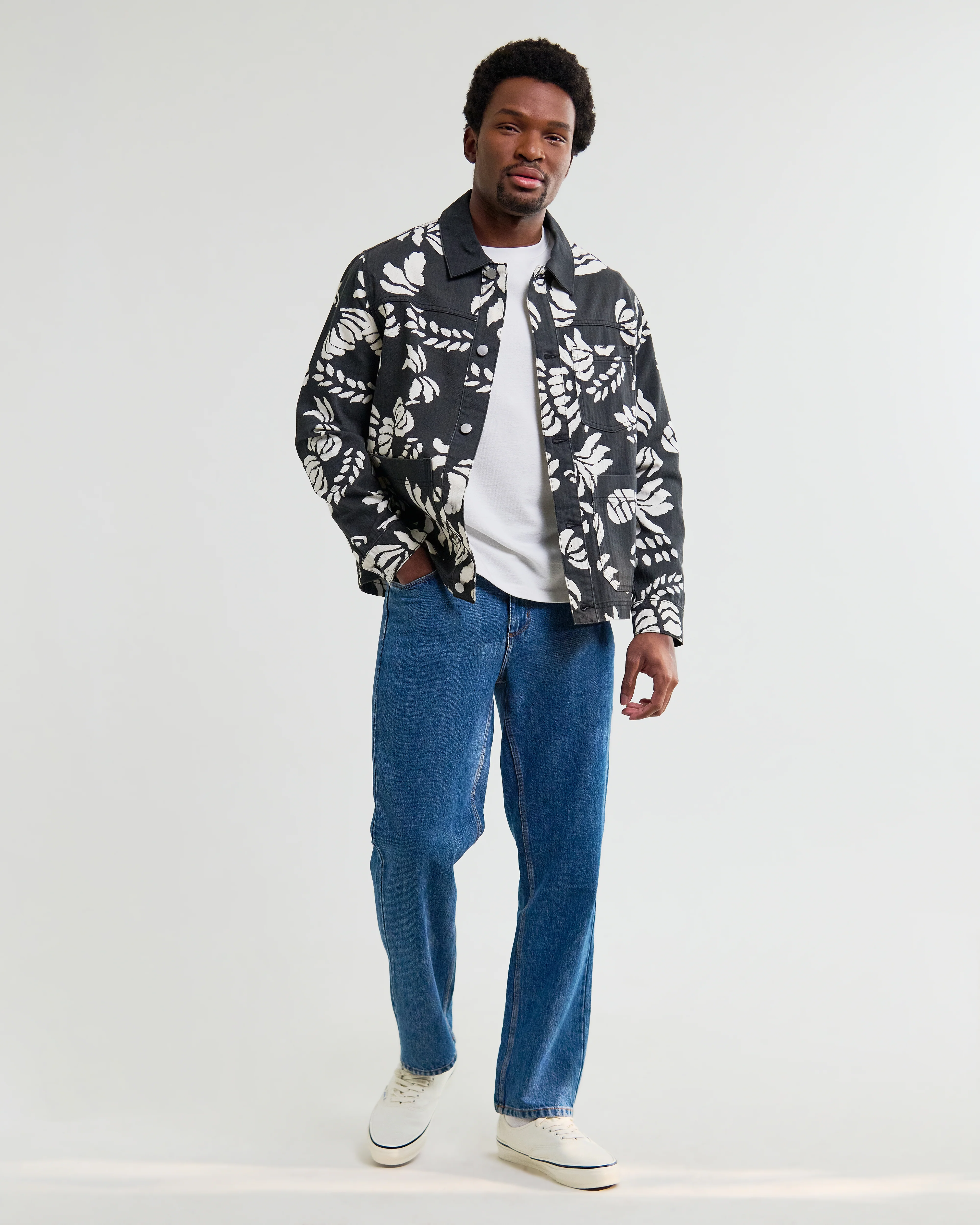 Jay - Black And Ecru Printed Cotton Chore Jacket - Image 4