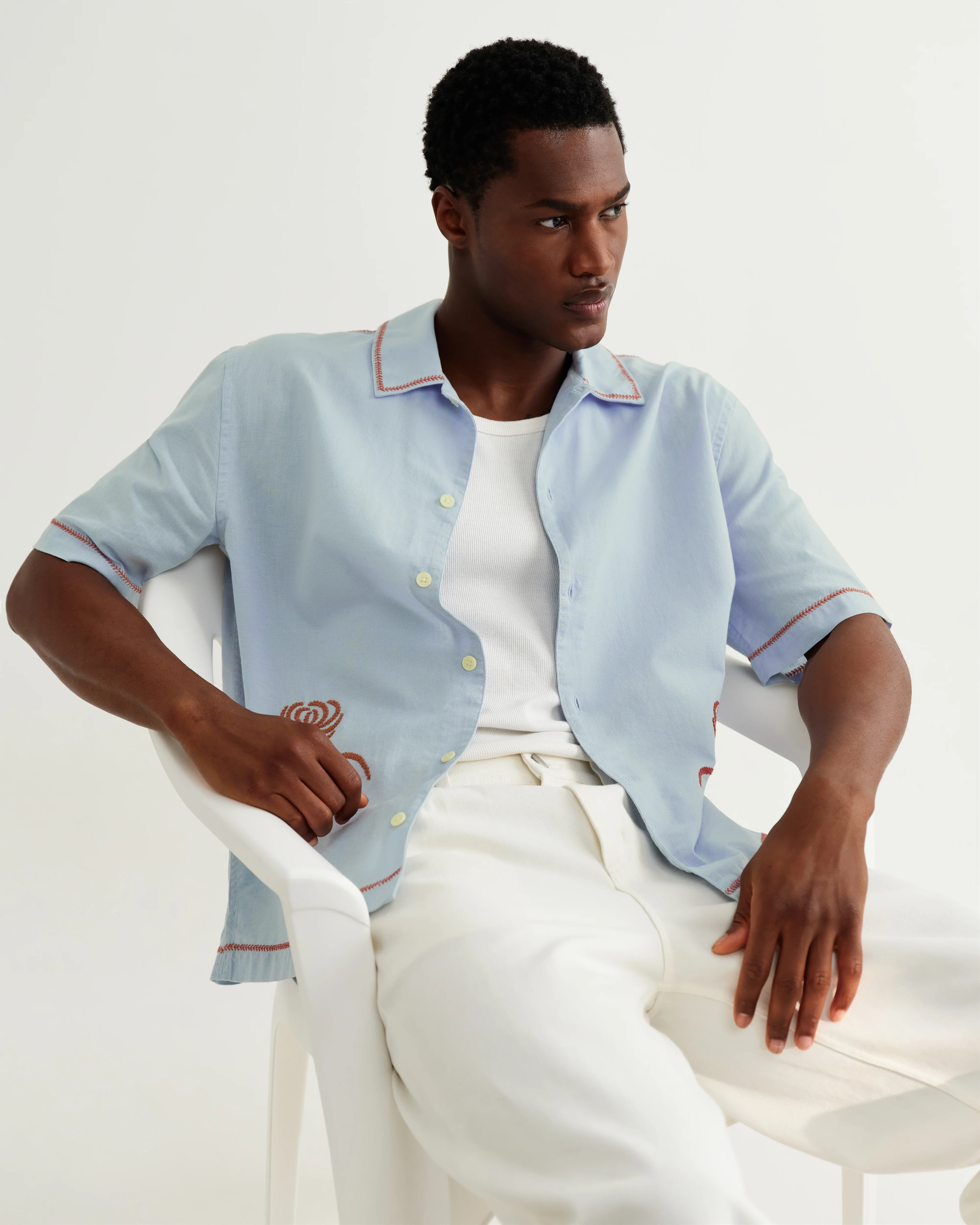 Keats - Light Blue And Rust Embroidered Short-Sleeve Shirt - Image 3