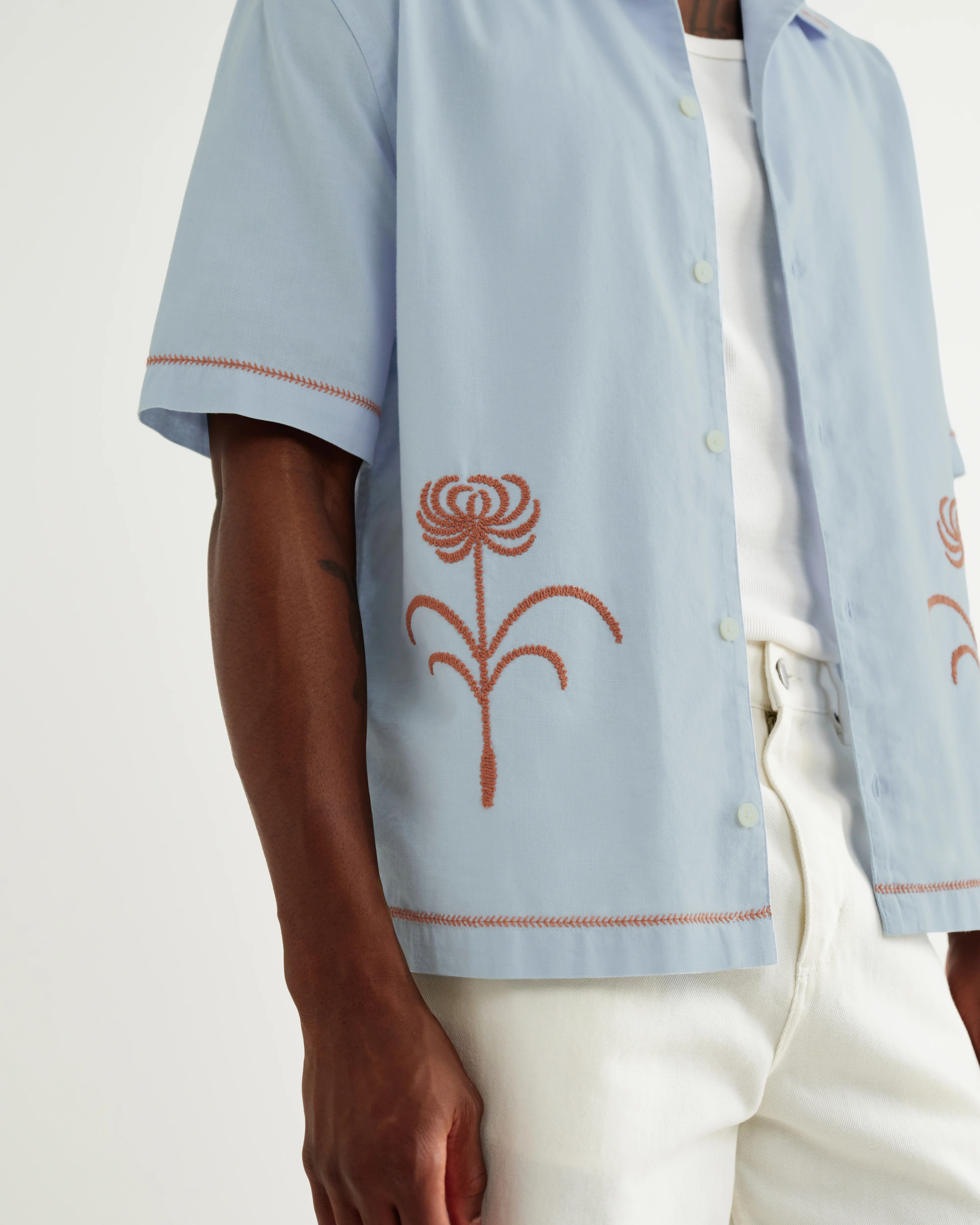 Keats - Light Blue And Rust Embroidered Short-Sleeve Shirt - Image 4