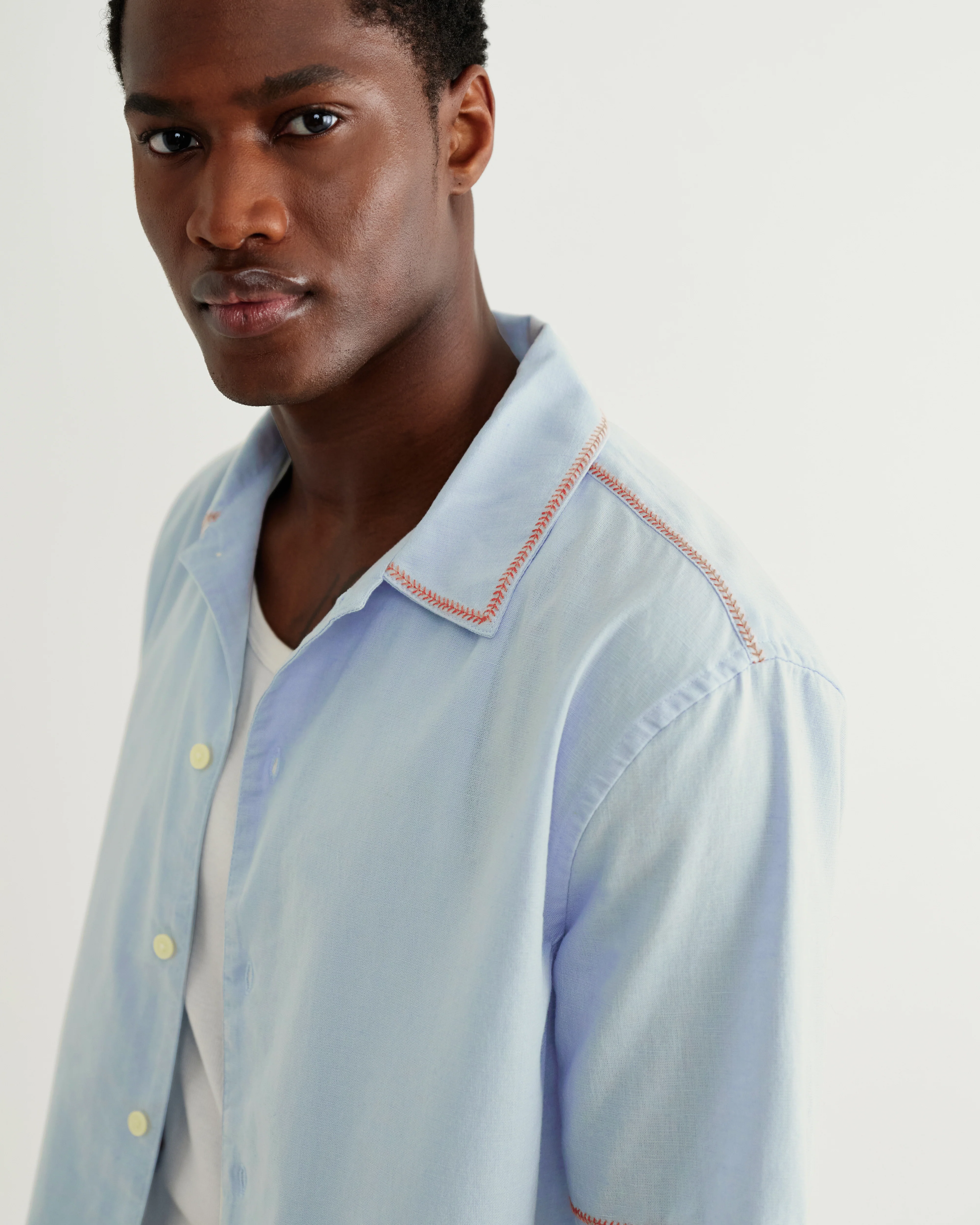 Keats - Light Blue And Rust Embroidered Short-Sleeve Shirt - Image 5