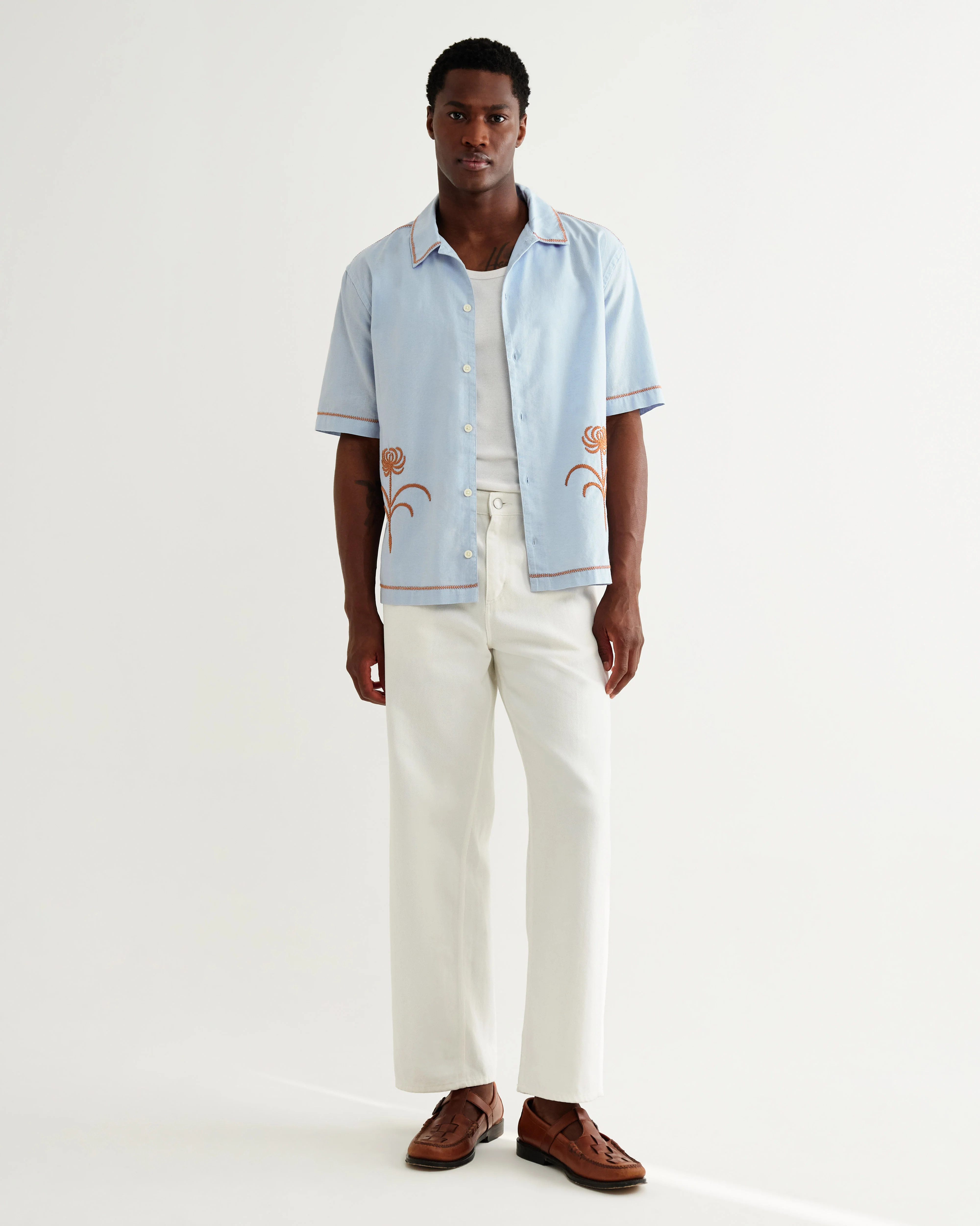 Keats - Light Blue And Rust Embroidered Short-Sleeve Shirt - Image 6