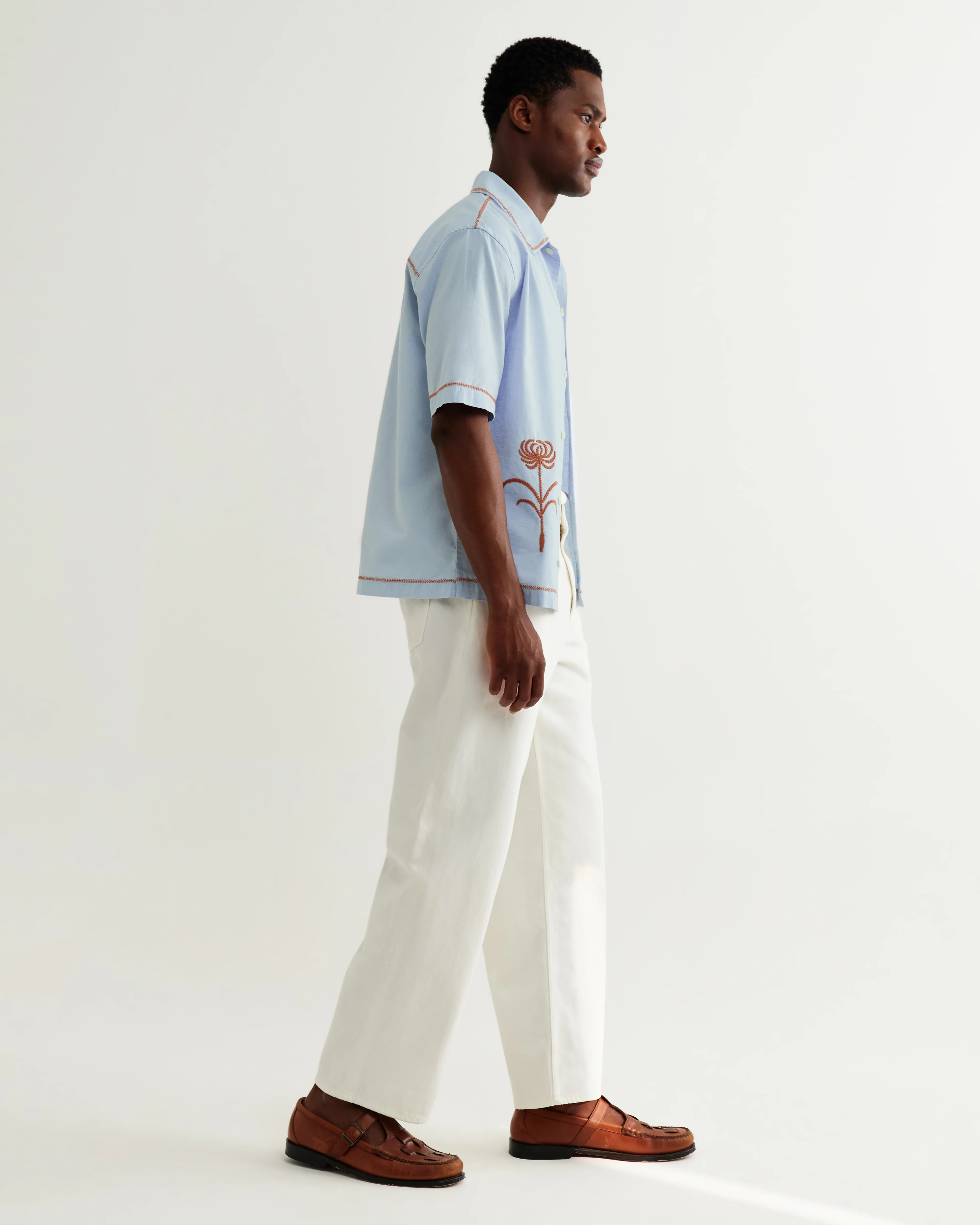 Keats - Light Blue And Rust Embroidered Short-Sleeve Shirt - Image 7