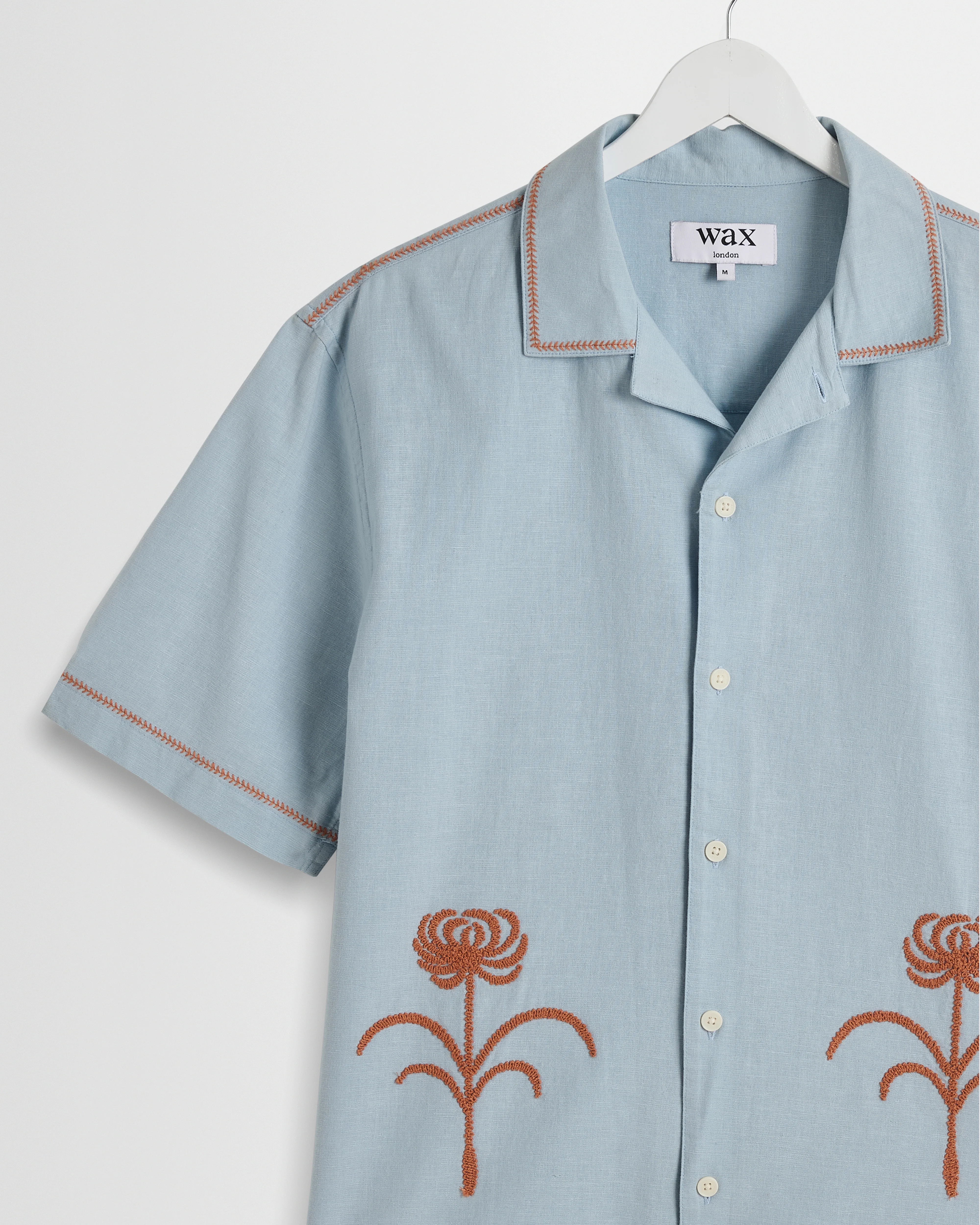 Keats - Light Blue And Rust Embroidered Short-Sleeve Shirt - Image 9