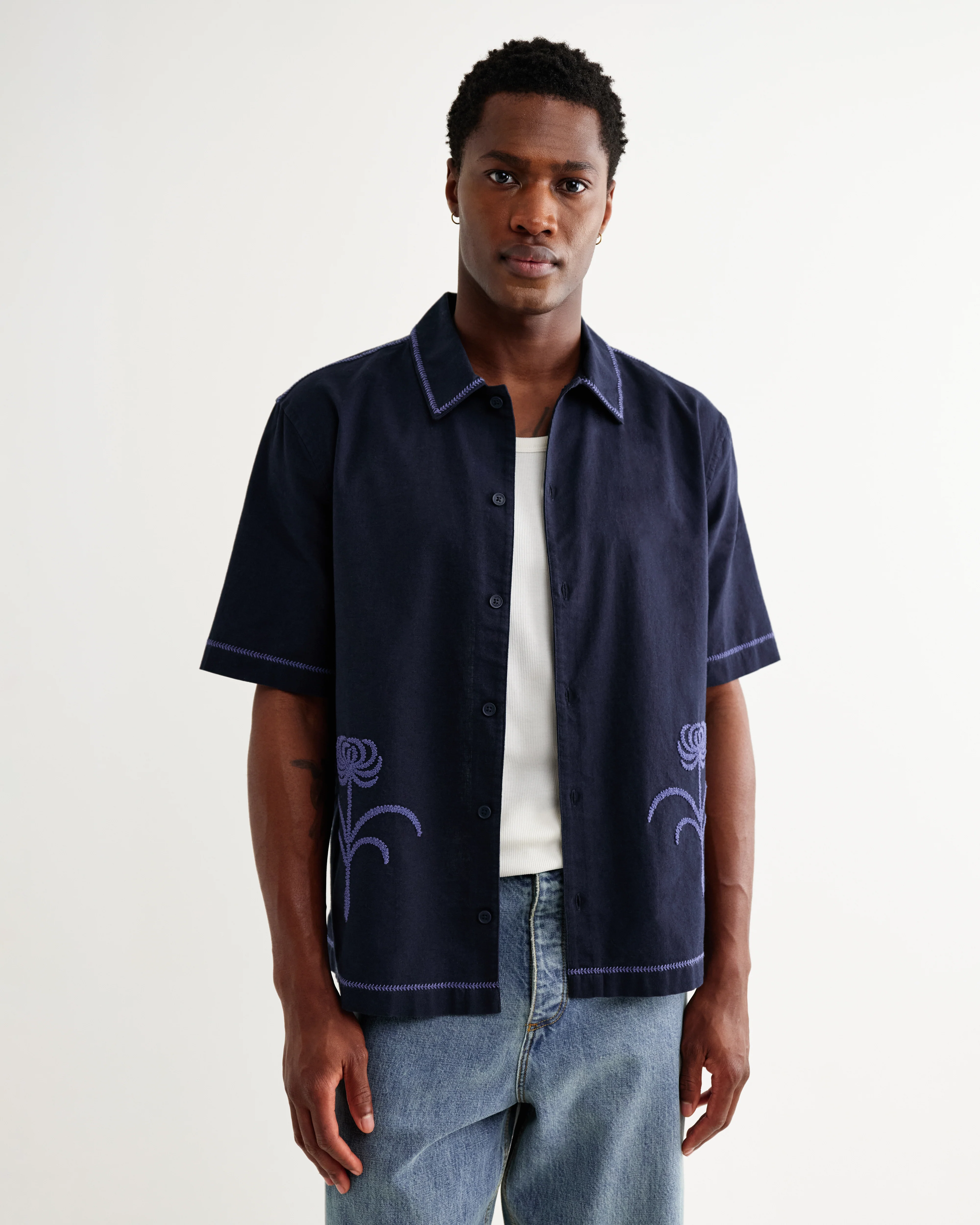 Keats - Navy And Blue Embroidered Short-Sleeve Shirt - Image 2