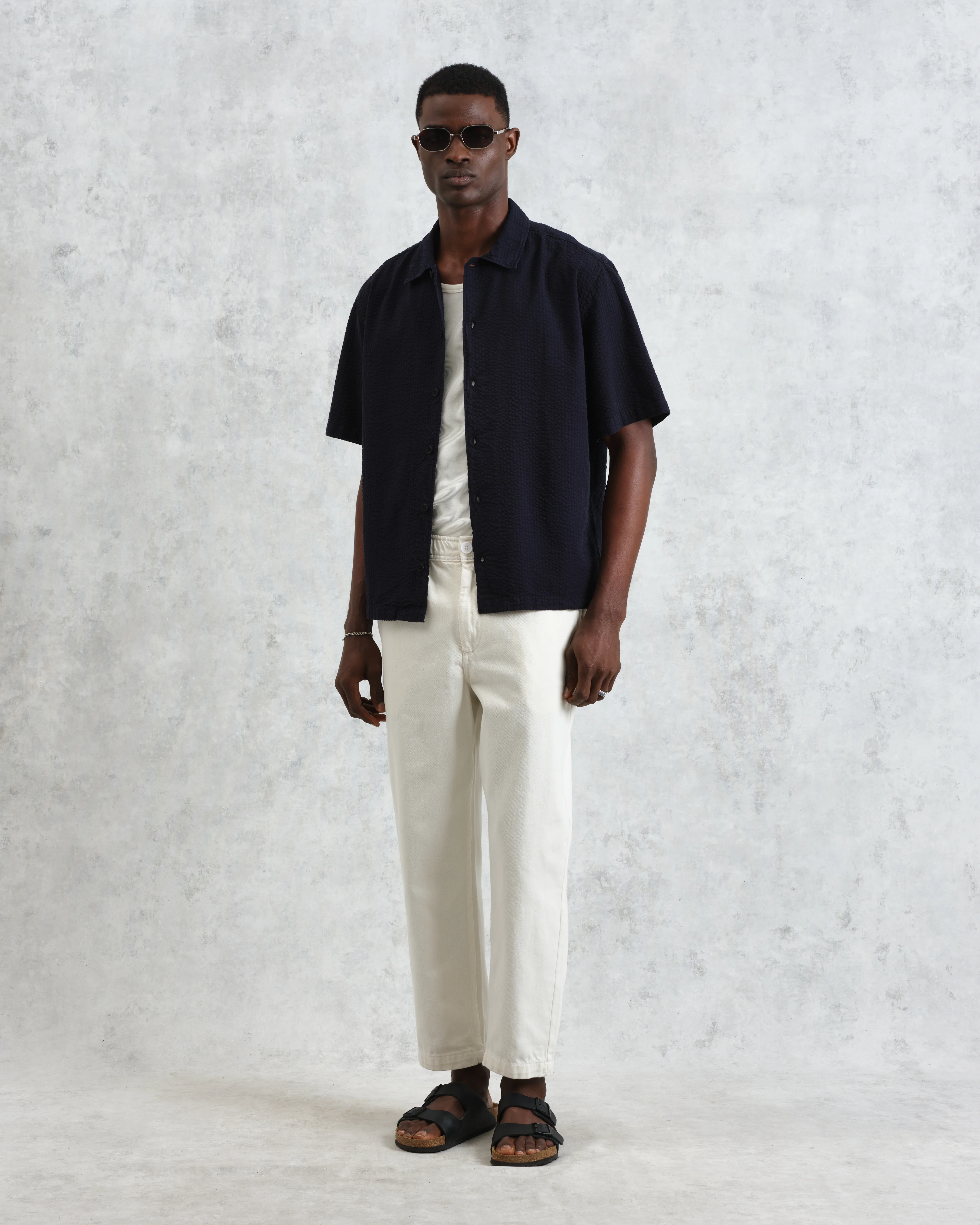 Keats - Navy Cotton Seersucker Short-Sleeve Shirt - Image 5